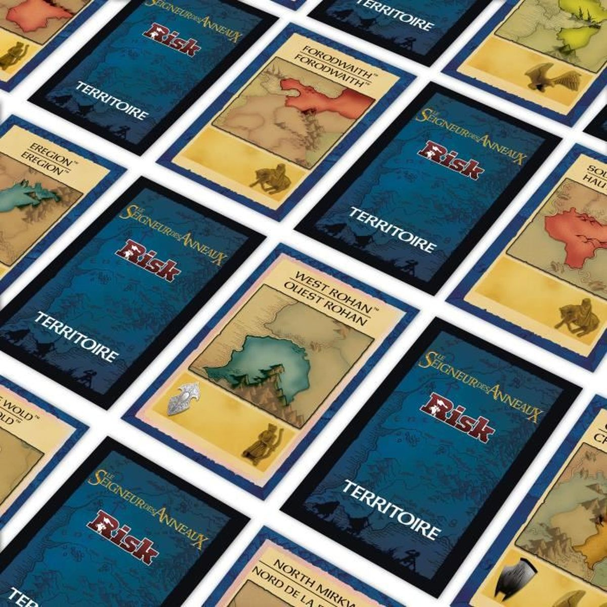 Kaarten van het Risk bordspel. Kaarten tonen kaarten van territoria, met tekst in het Engels en Frans. De titel "Risk" is zichtbaar.