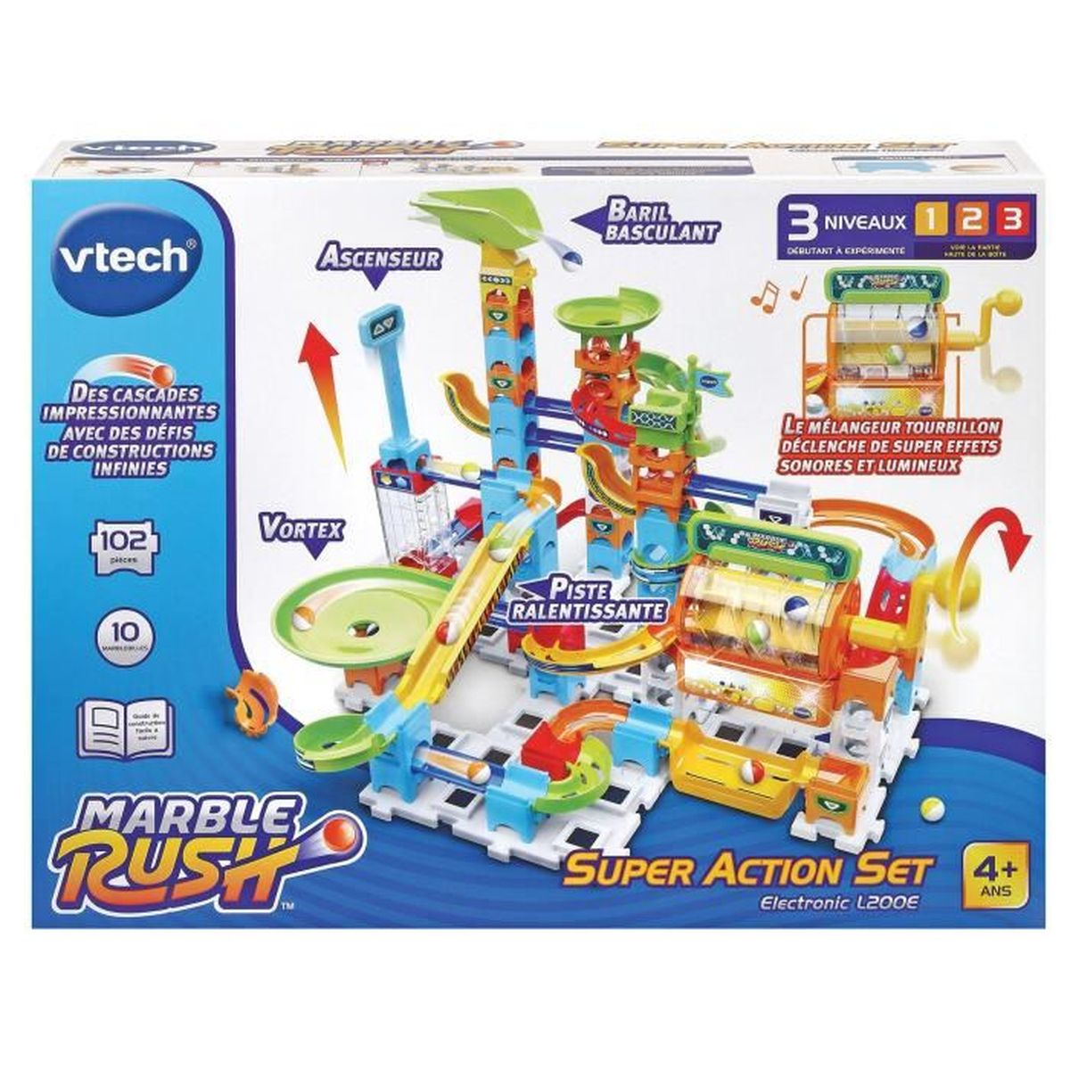 Una scatola del set VTech Marble Rush. Il set presenta una pista complessa con anelli, rampe e un vortice, progettata per biglie.