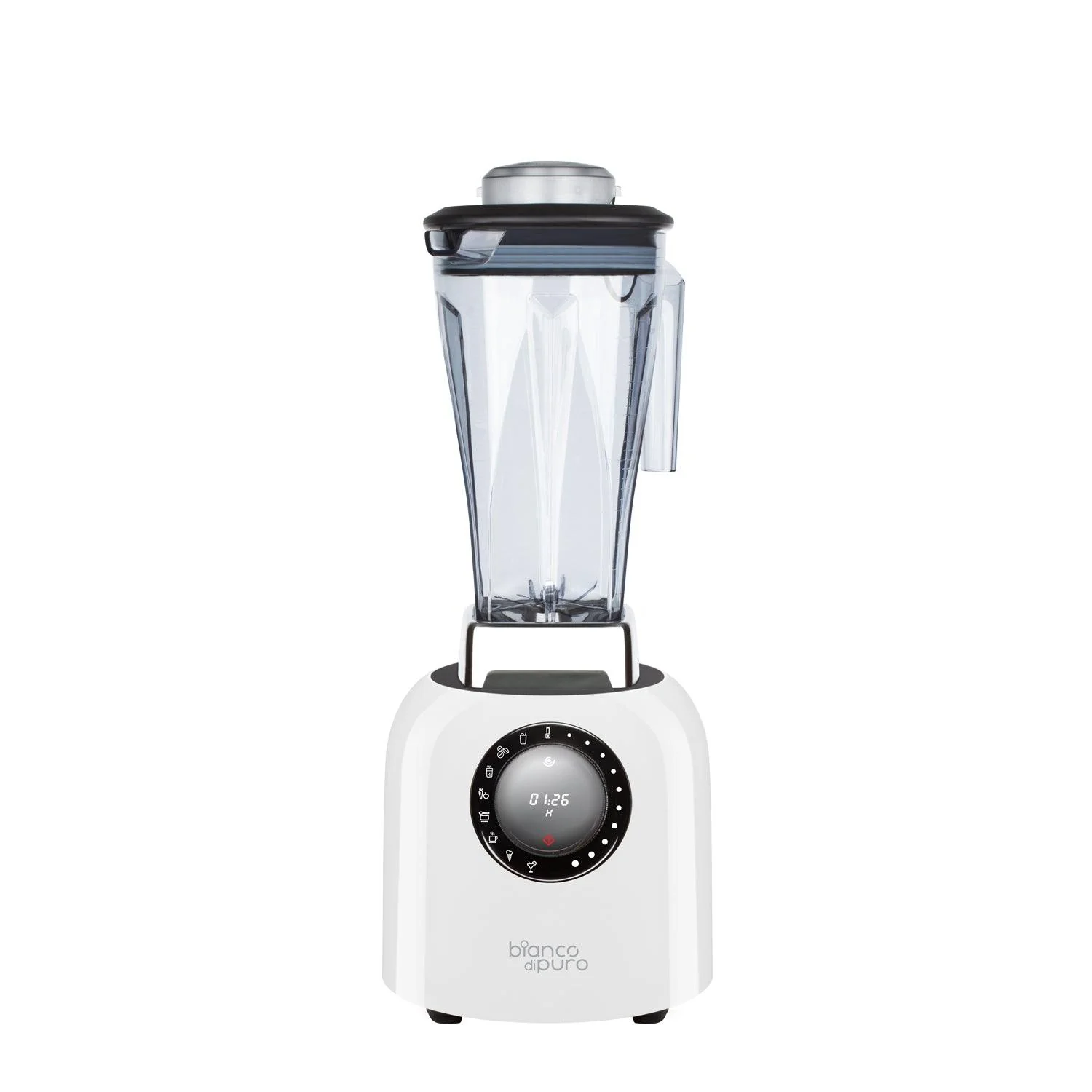 Een witte blender met een transparante container, zwarte deksel en digitaal display. Merknaam 'bianco di puro'.