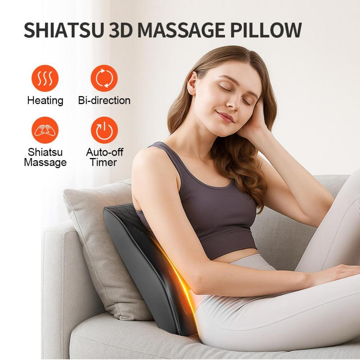 Eine Frau entspannt sich auf einem Sofa mit einem Massagekissen. Text deutet Shiatsu-Massage, Heizung und Abschaltautomatik an.