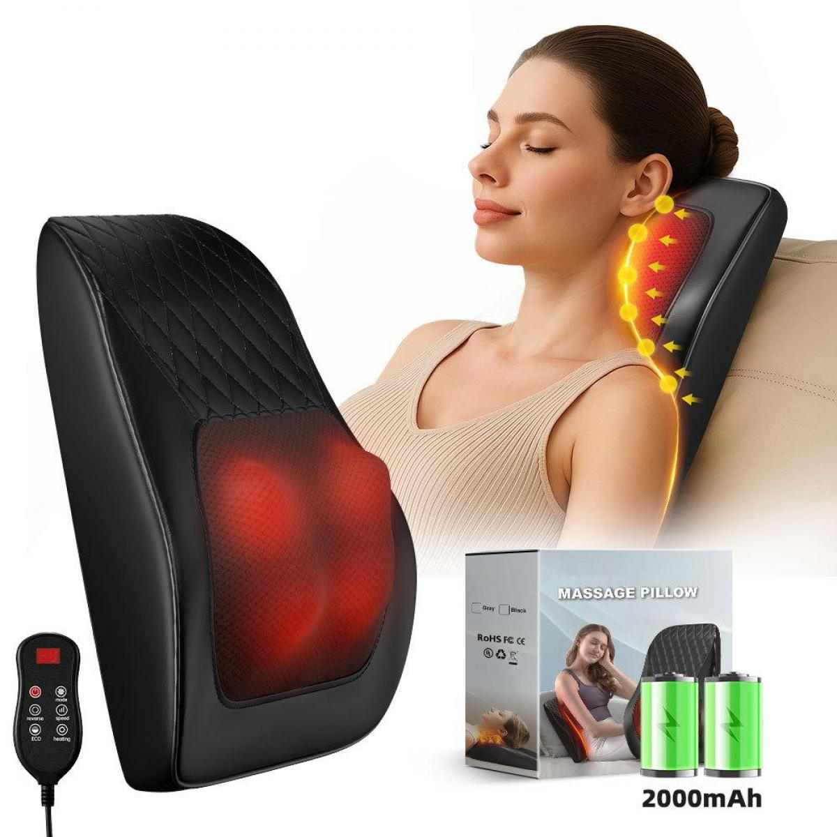 Frau benutzt ein schwarzes Massagekissen. Das Kissen hat rote Heizbereiche. Verpackung und Batterien sind sichtbar.