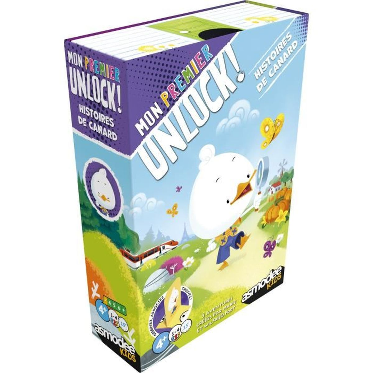 Schachtelkunst für das Spiel 'Unlock! Mon Premier' mit einer Entenfigur mit Lupe. Der Hintergrund zeigt eine Dorfszene.