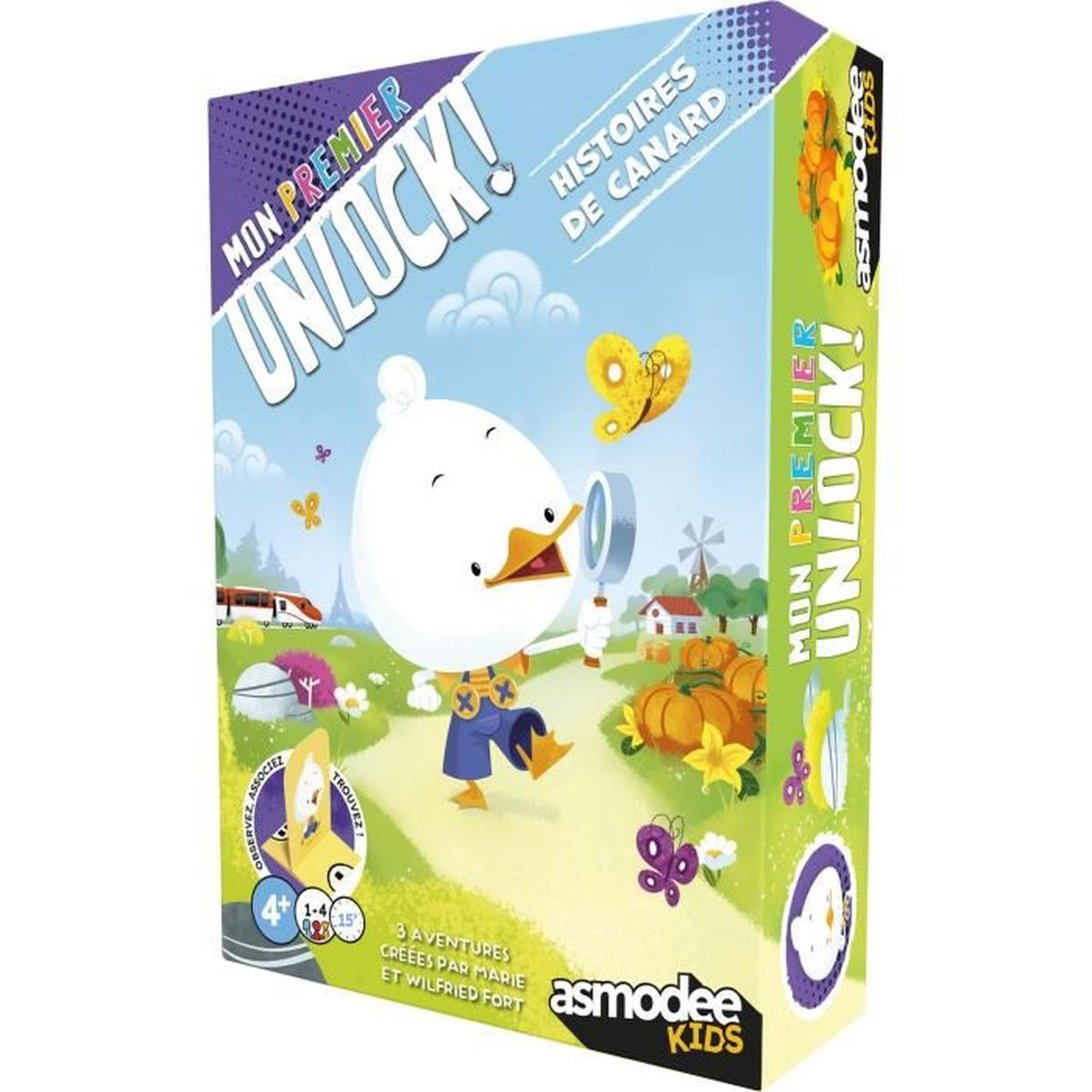 Eine Spielbox mit einer Cartoon-Ente, die eine Lupe hält, Schmetterlinge, Kürbisse und einen Zug. Der Titel lautet 'Unlock!'
