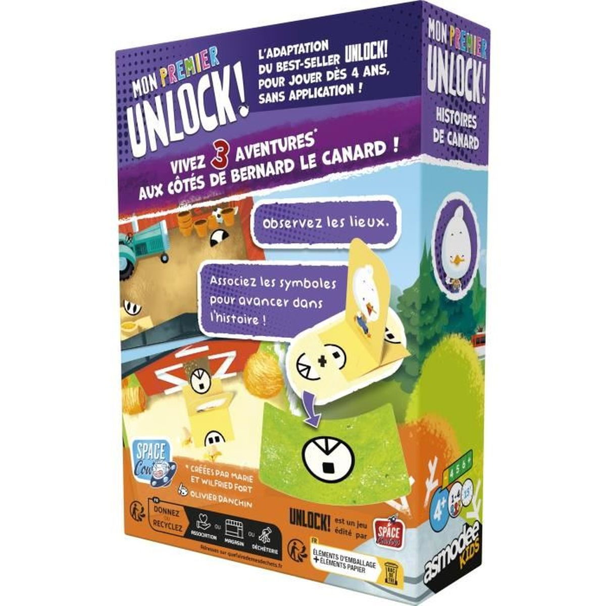 Schachtel des Unlock!-Spiels mit Text und Bildern. Enthält eine Ente und Spielelemente. Buntes Design mit französischem Text.