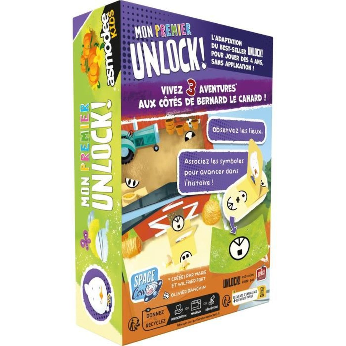 Schachtel des Unlock!-Spiels. Enthält eine Cartoon-Ente, französischen Text und Spielelemente.