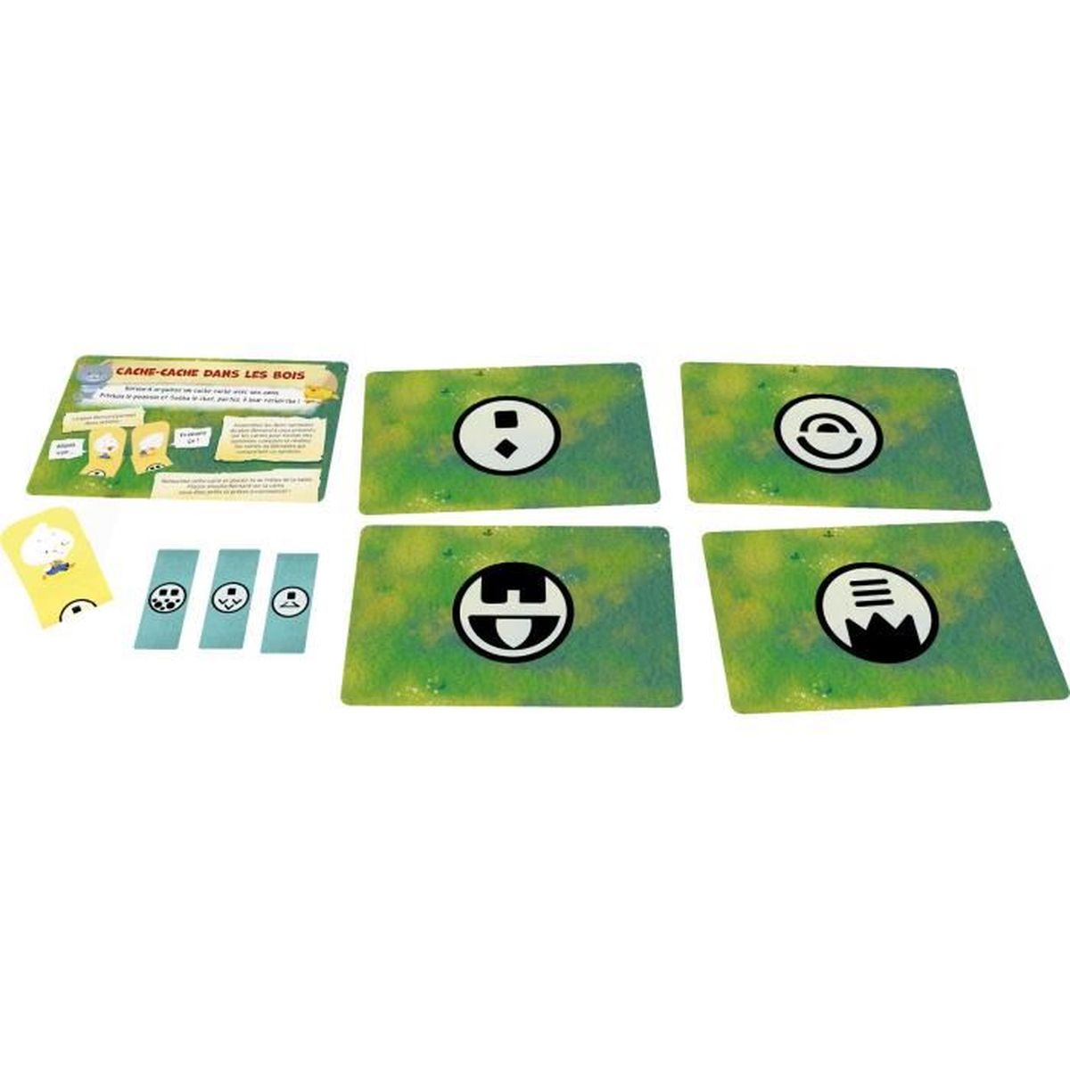 Ein Brettspiel-Set mit Karten mit Symbolen und einer Waldszene. Karten haben weiße Symbole auf grünem Hintergrund. Das Spiel heißt 'Cache-Cache dans les Bois'.