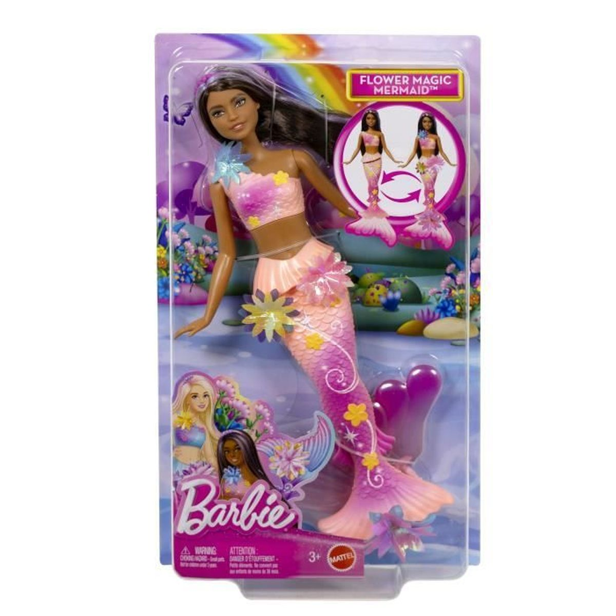 Barbie-Meerjungfrauenpuppe in Verpackung. Rosa und lila Schwanz, Blumendetails. Produkttitel 'Flower Magic Mermaid' sichtbar.