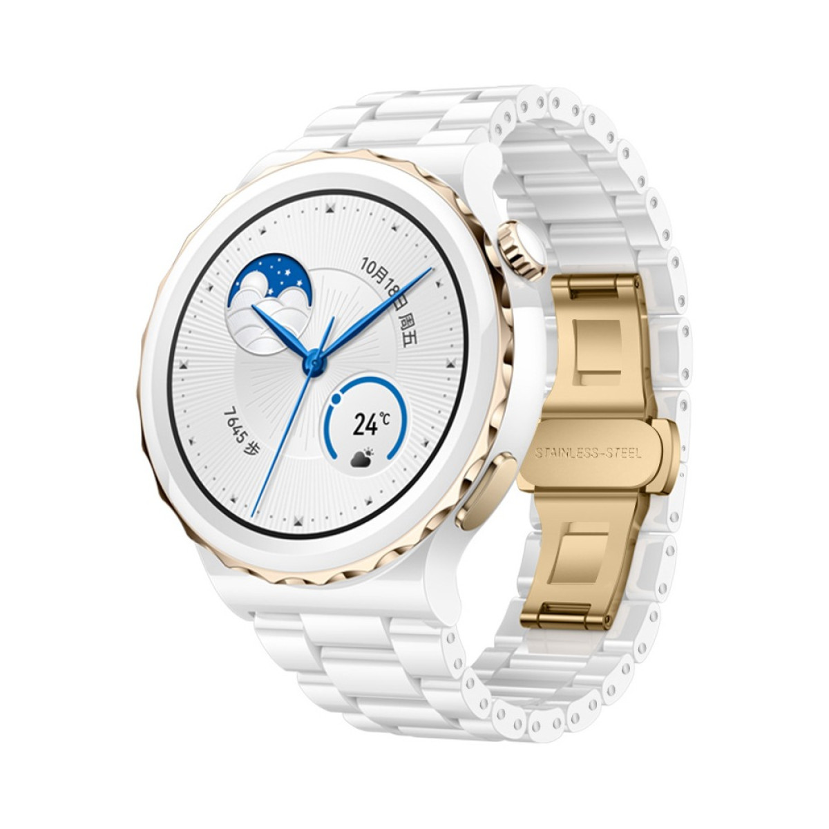 Eine weiße Smartwatch mit goldener Lünette und Armband. Das Zifferblatt zeigt Uhrzeit, Datum und Temperatur. Der Verschluss ist goldfarben und aus Edelstahl.