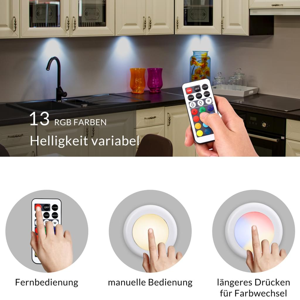 Küchenszene mit Schränken, Spüle und einer Hand, die eine Fernbedienung hält. Text sagt '13 RGB FARBEN Helligkeit variabel'.