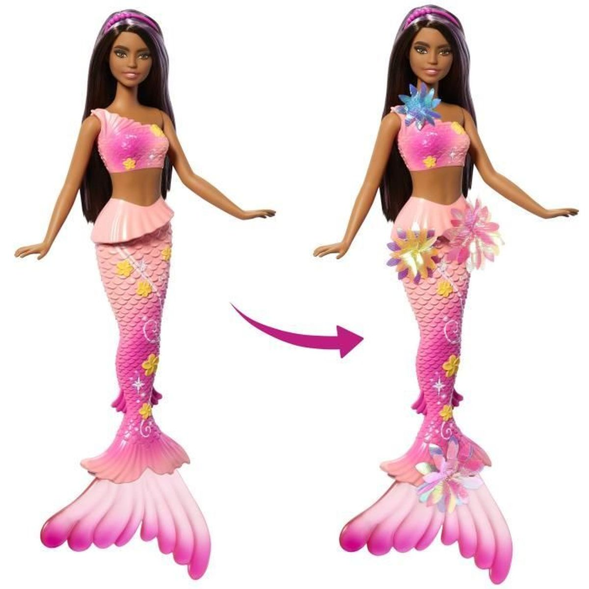 Zwei Barbie-Meerjungfrauen-Puppen in rosa Outfits. Eine mit schlichtem Design, die andere mit Blumen geschmückt. Ein Pfeil zeigt eine Transformation an.