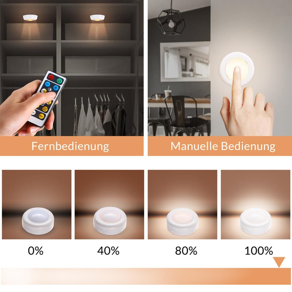 Das Bild zeigt Fernbedienung und Touch-Steuerung für Lichter. Außerdem vier Lichter mit verschiedenen Helligkeitsstufen: 0%, 40%, 80%, 100%.