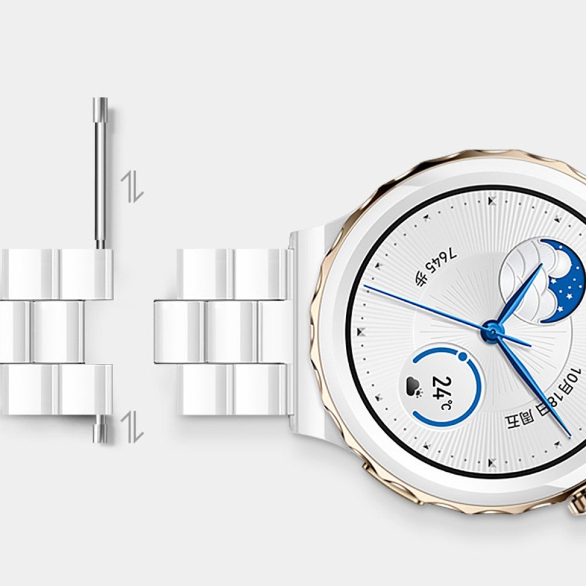 Weiße Smartwatch mit goldenem Rand, abgenommenen Armbandgliedern und einem Werkzeug. Das Zifferblatt zeigt Zeit, Datum, Temperatur und ein Mondsymbol.