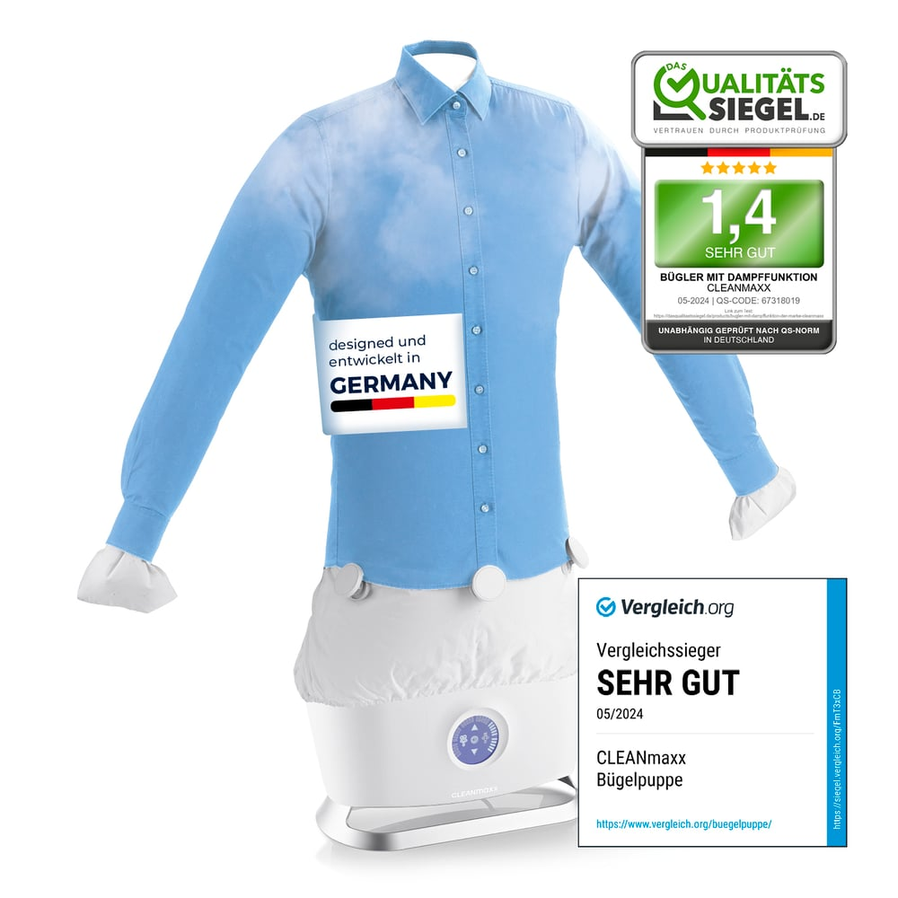 Ein Hemd auf einer Kleiderpuppe. Es hat ein blaues Hemd und eine weiße Basis. Es gibt deutsche Qualitätssiegel und Text.