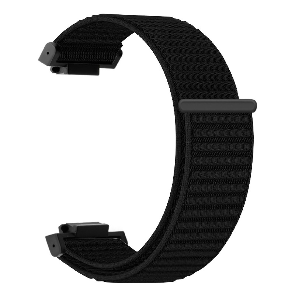 Ein gebogenes, schwarzes Uhrenarmband mit strukturiertem Stoffaussehen. Es hat zwei Anschlüsse an den Enden und eine schwarze Schnalle in der Mitte.