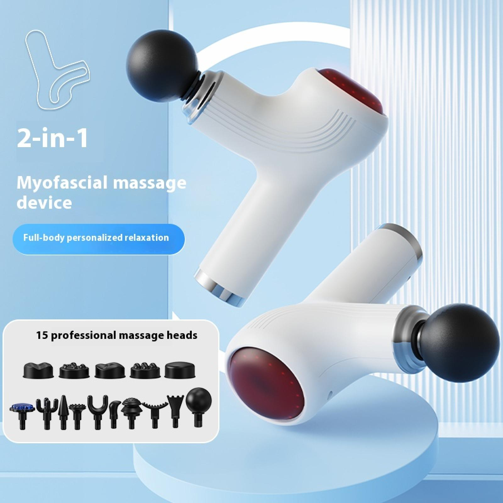 Das Bild zeigt zwei weiße Massagegeräte mit schwarzen Massageköpfen. Der Text enthält '2-in-1' und '15 Massageköpfe'.