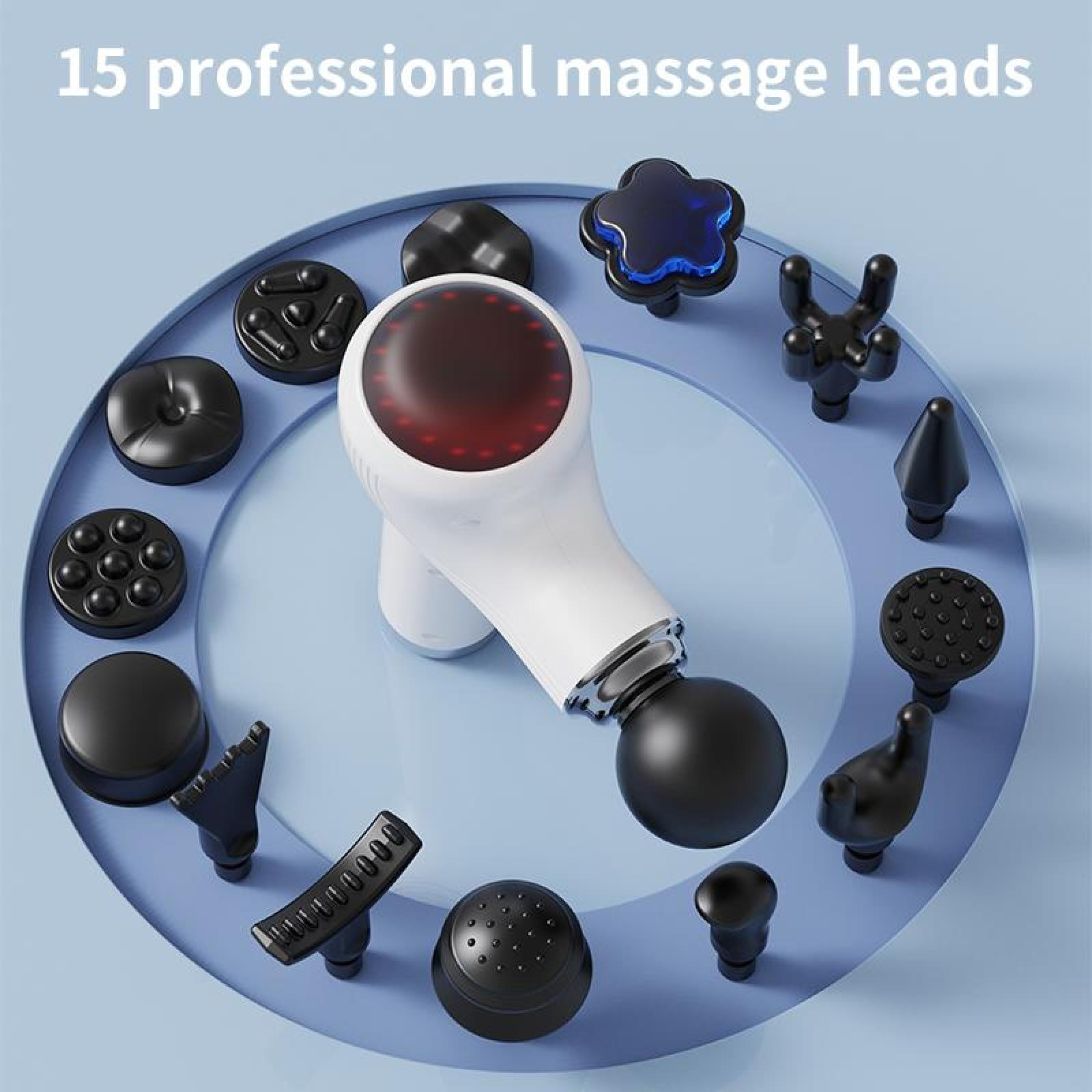 Das Bild zeigt eine Massagepistole mit 15 professionellen Köpfen. Die Pistole ist weiß, die Köpfe sind schwarz. Text: 'Massageköpfe'.