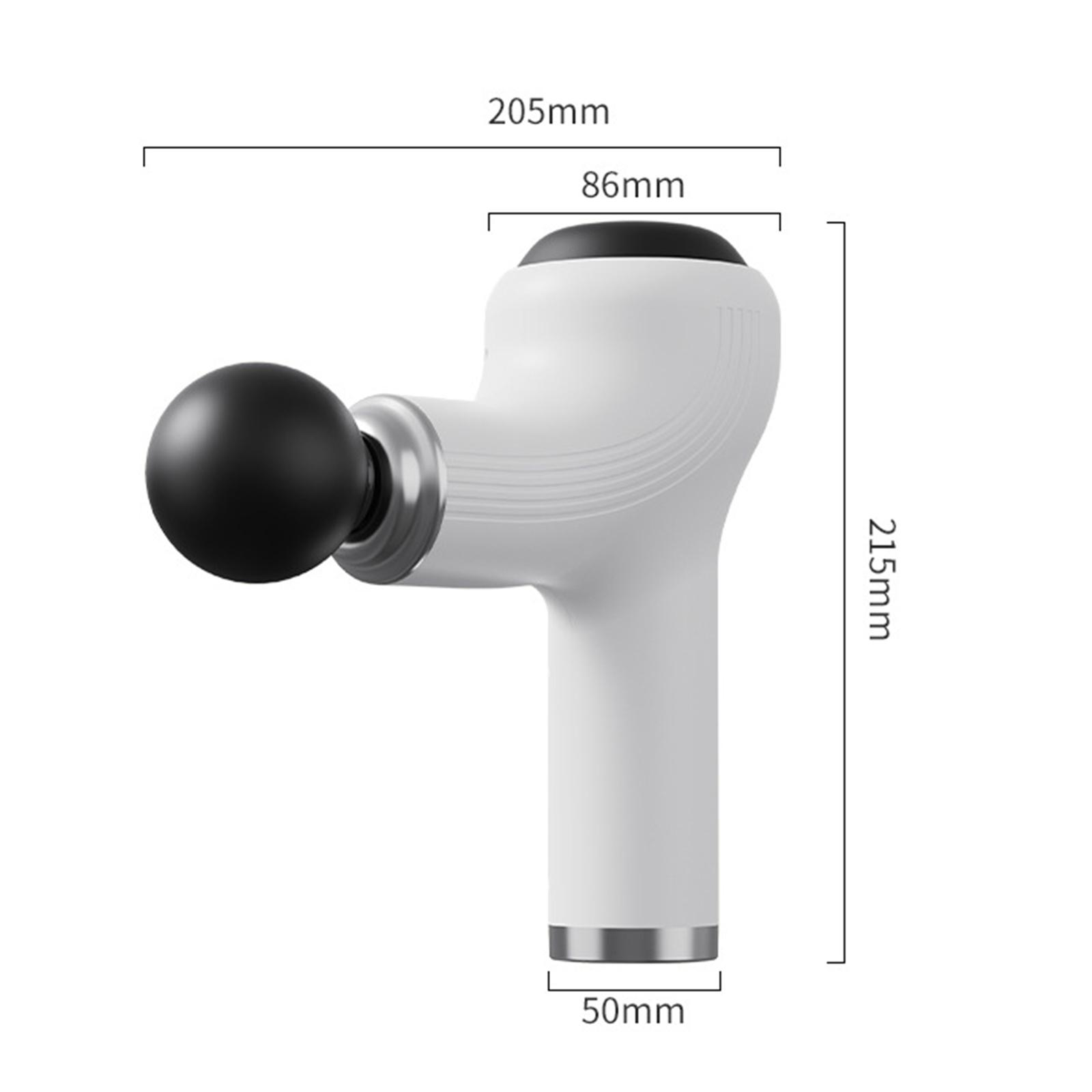 Eine weiße Massagepistole mit schwarzem Kopf. Abmessungen sind beschriftet: 205 mm, 86 mm, 215 mm und 50 mm.