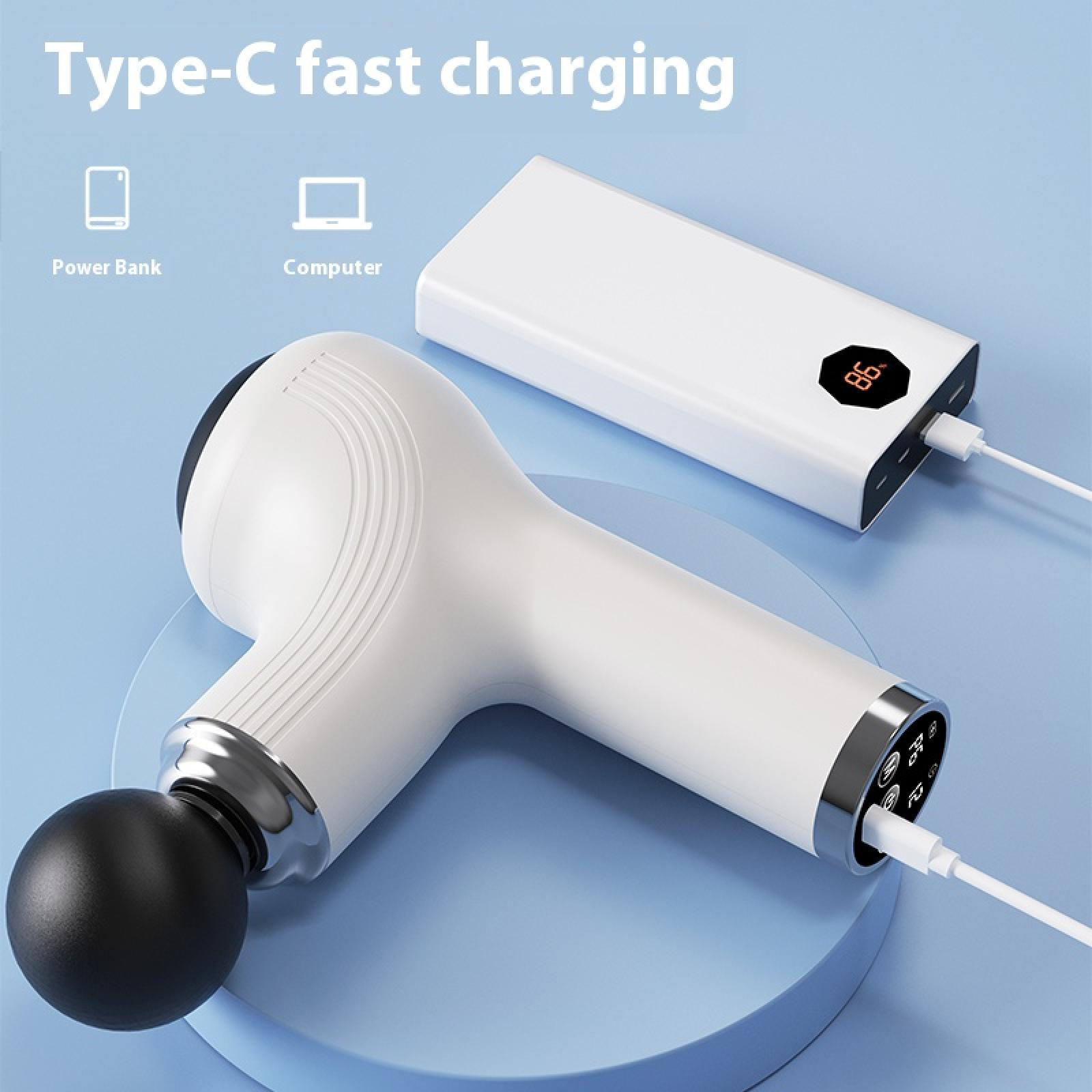 Eine weiße Massagepistole und eine Powerbank mit Ladekabel. Text: Typ-C Schnellladung.