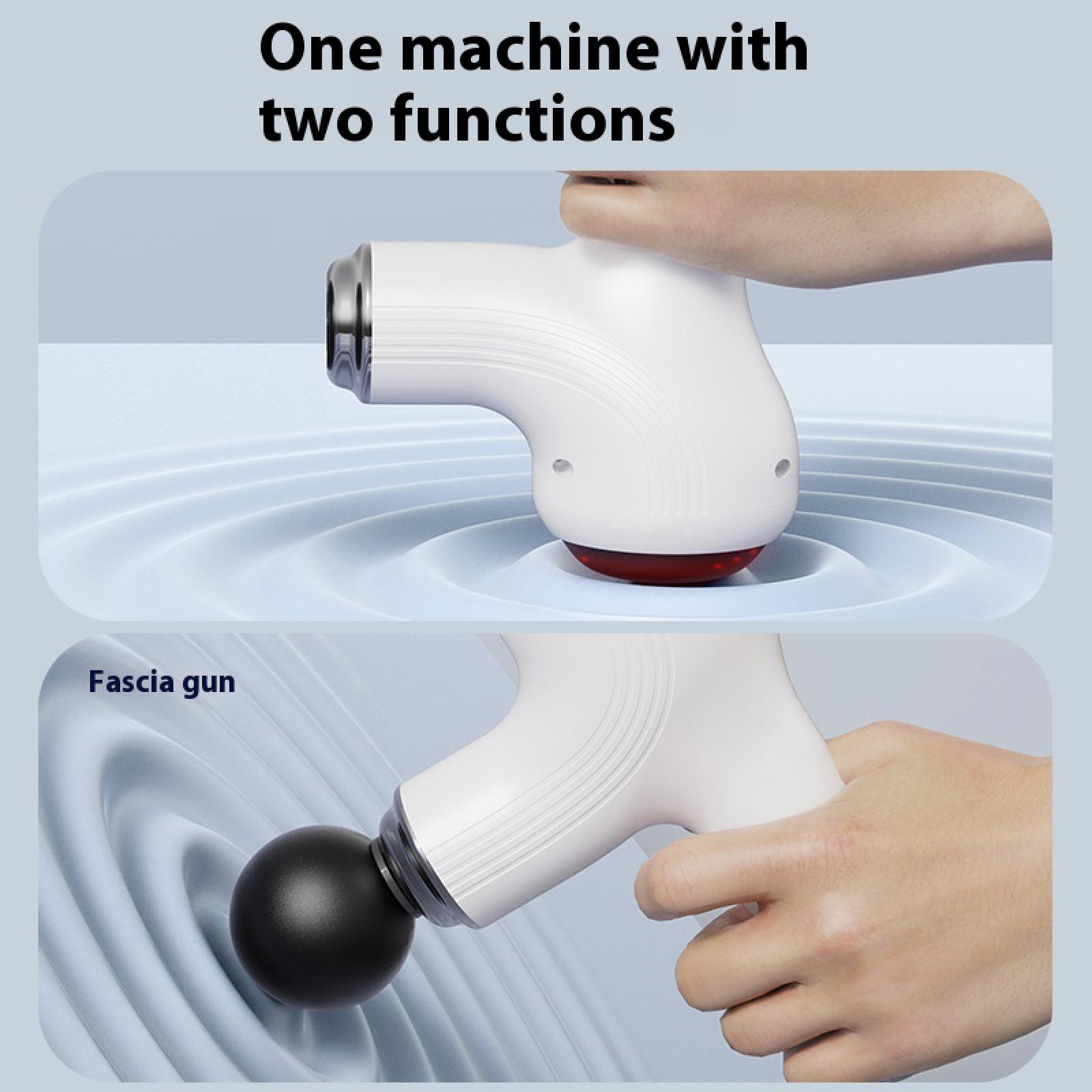 Das Bild zeigt eine weiße Faszienpistole mit zwei Funktionen, die von einer Hand gehalten wird. Auf der unteren Pistole befindet sich ein schwarzer Ball.