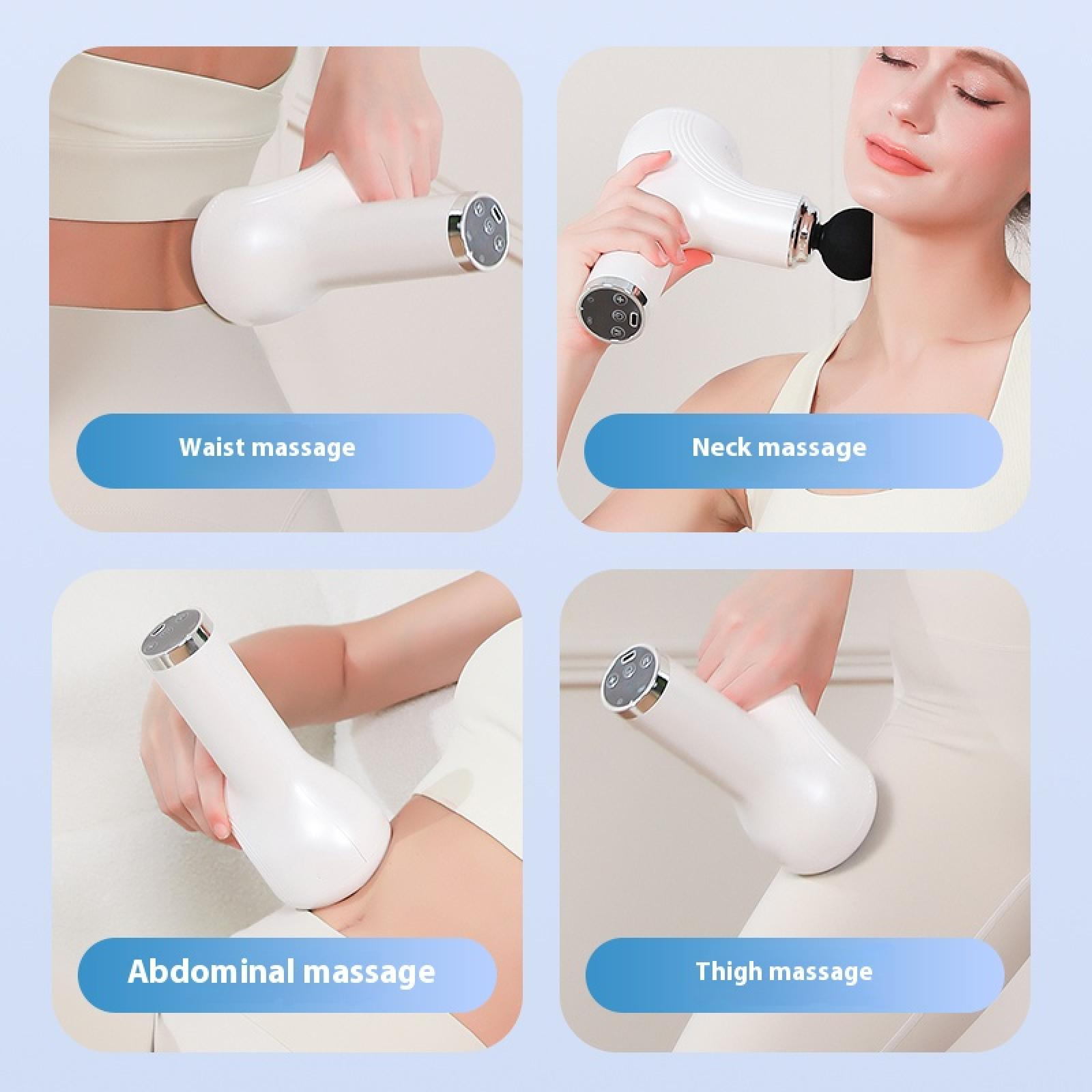 Das Bild zeigt ein weißes Massagegerät, das an Taille, Nacken, Bauch und Oberschenkel angewendet wird. Jeder Bereich ist blau markiert.