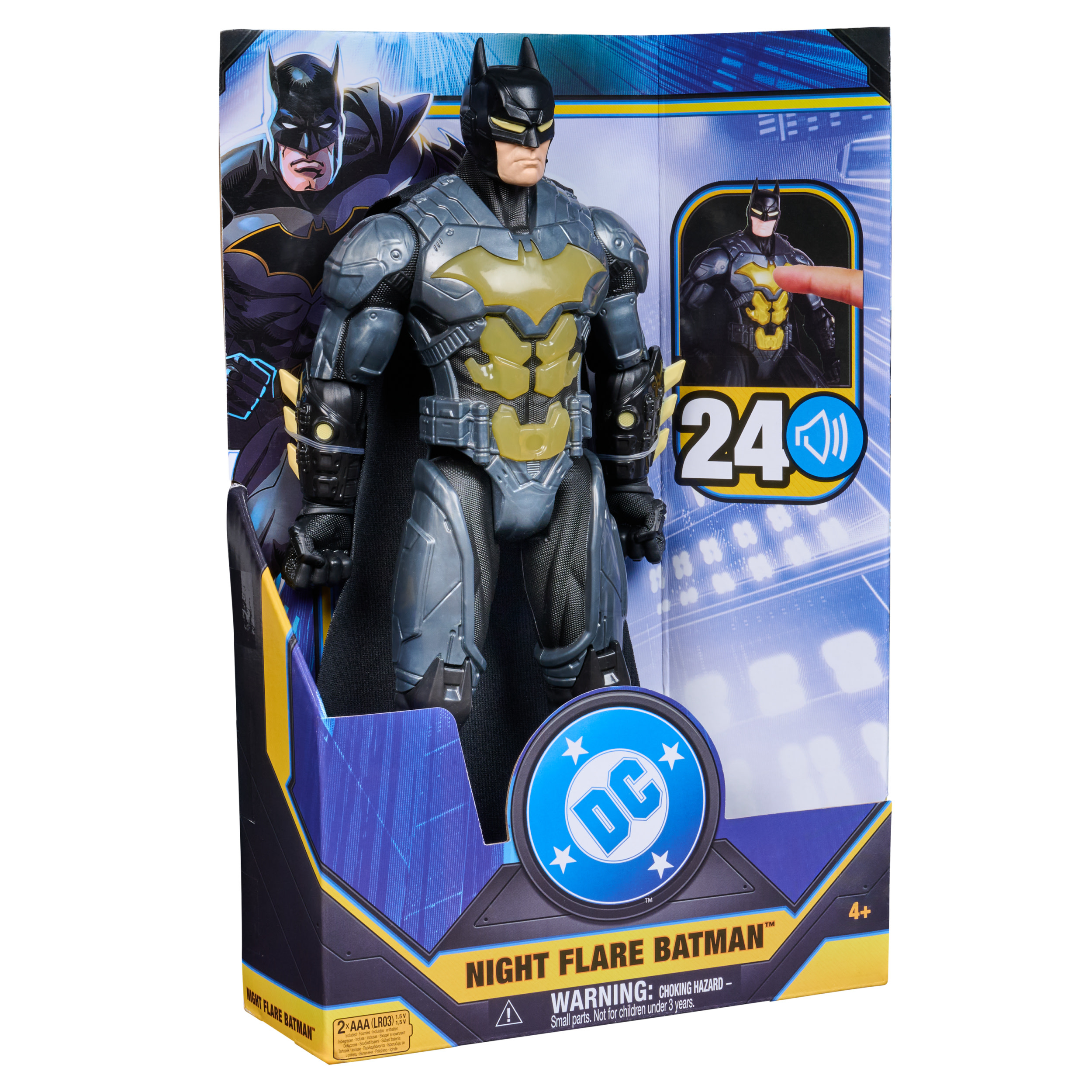 Batman-Actionfigur in einer Box. Die Figur ist grau und gelb. Die Box hat Batman-Bilder und Text.