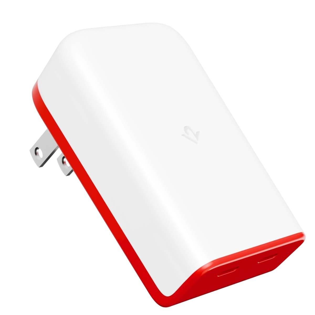 Un adattatore di alimentazione bianco e rosso con due spine. Ha una forma rettangolare arrotondata con bordo rosso.