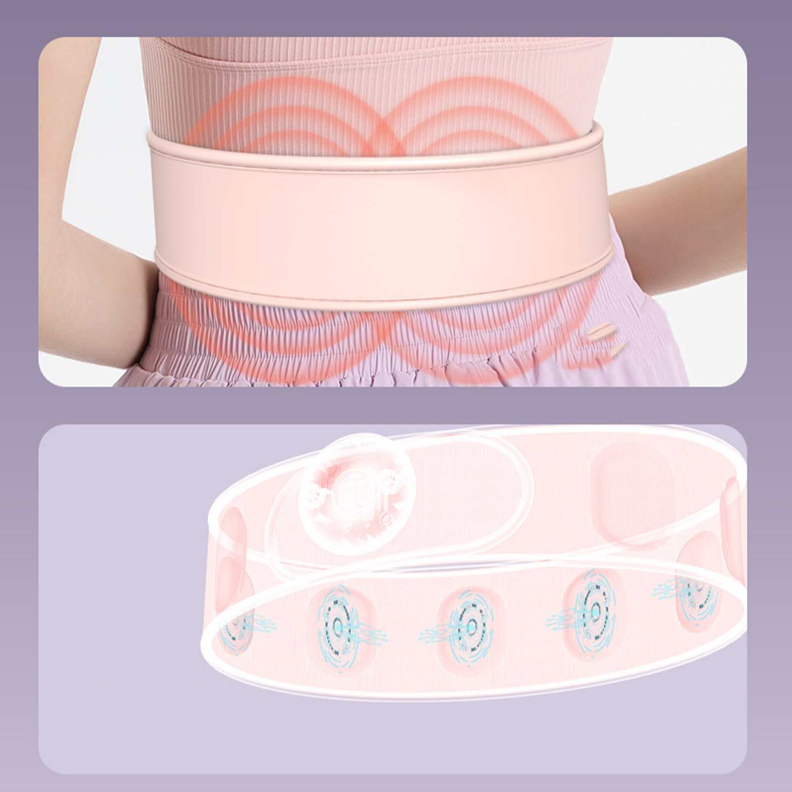 Eine Person, die einen rosa Hüftgurt trägt. Der Gürtel befindet sich am Bauch. Darunter ist eine transparente Ansicht des Gürtels mit internen Komponenten zu sehen.