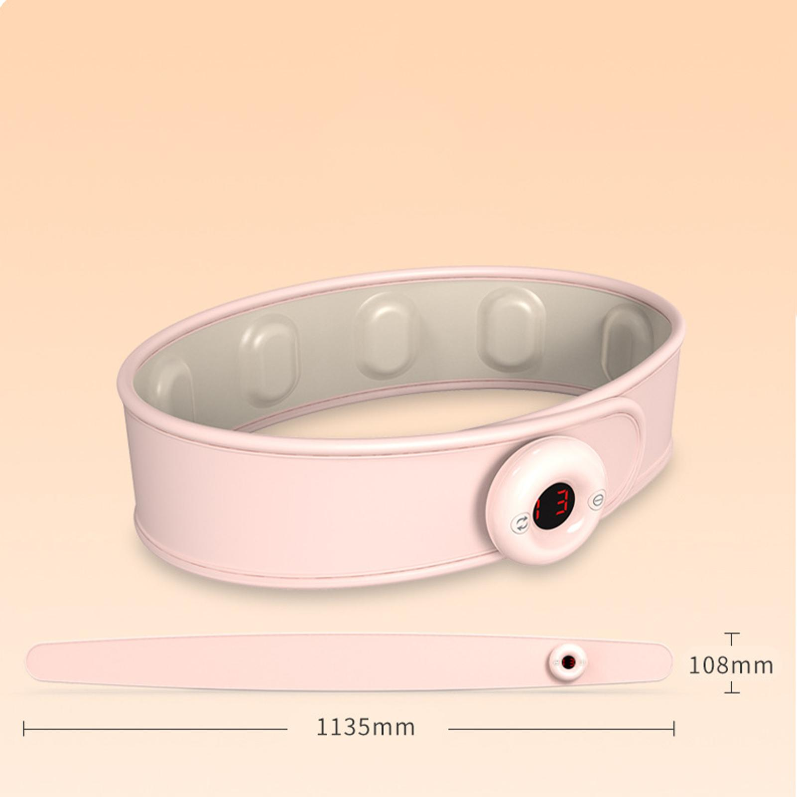 Ein rosa, oval geformtes Heizkissen mit digitaler Anzeige, zusammen mit einem langen, dünnen, rosa Riemen. Abmessungen angegeben.