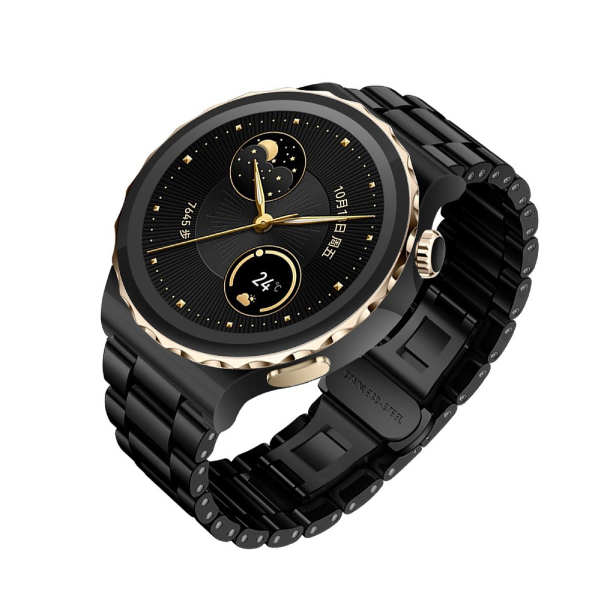 Eine schwarze Smartwatch mit goldener Lünette und Armband. Das Zifferblatt zeigt Uhrzeit, Datum, Temperatur und Mondphase.