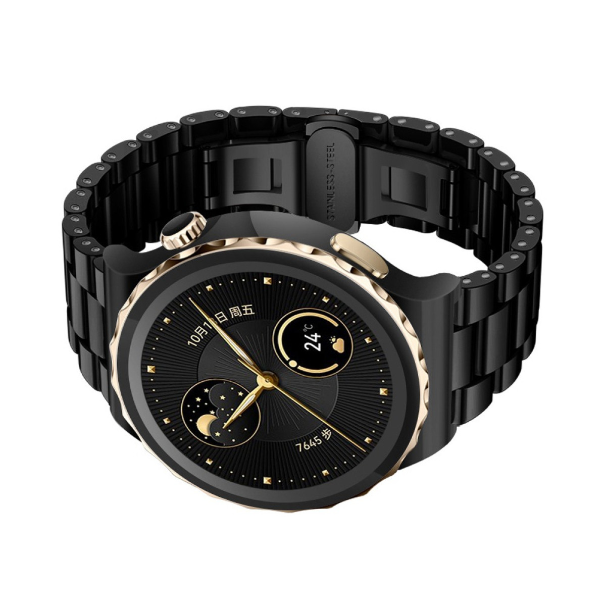 Eine schwarze Smartwatch mit goldener Lünette und Armband. Das Zifferblatt zeigt Zeit, Datum, Temperatur und Schritte. Edelstahlverschluss.