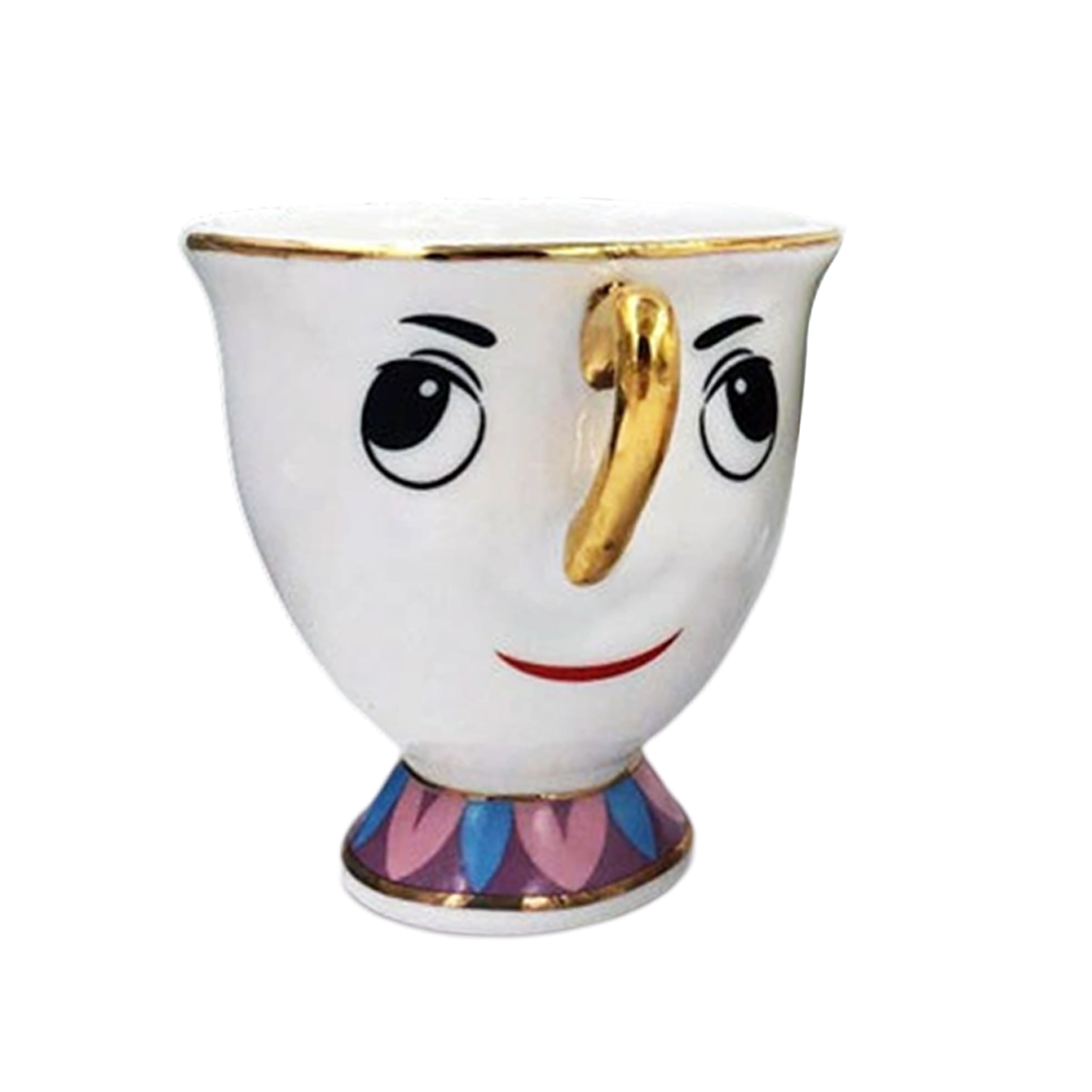 Eine weiße Teetasse mit einem Cartoon-Gesicht. Sie hat einen goldenen Griff und Rand mit blauem, rosa und goldenem Sockel.