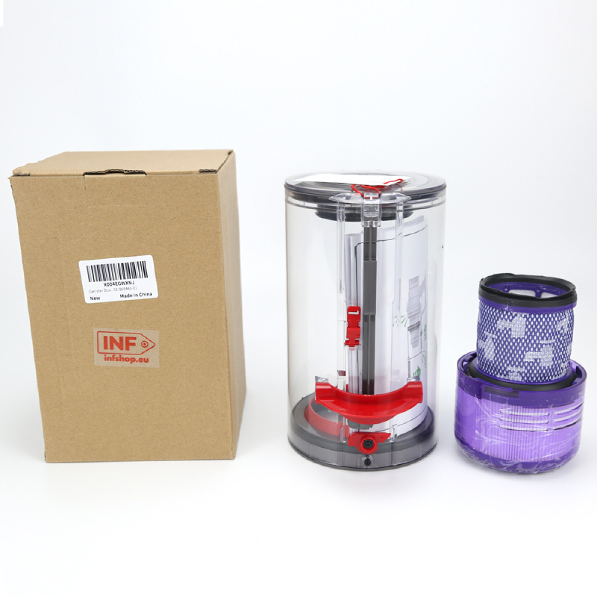 Pudełko, przezroczysty pojemnik do odkurzacza i fioletowy zespół filtra na białej powierzchni. Pojemnik ma czerwone detale.