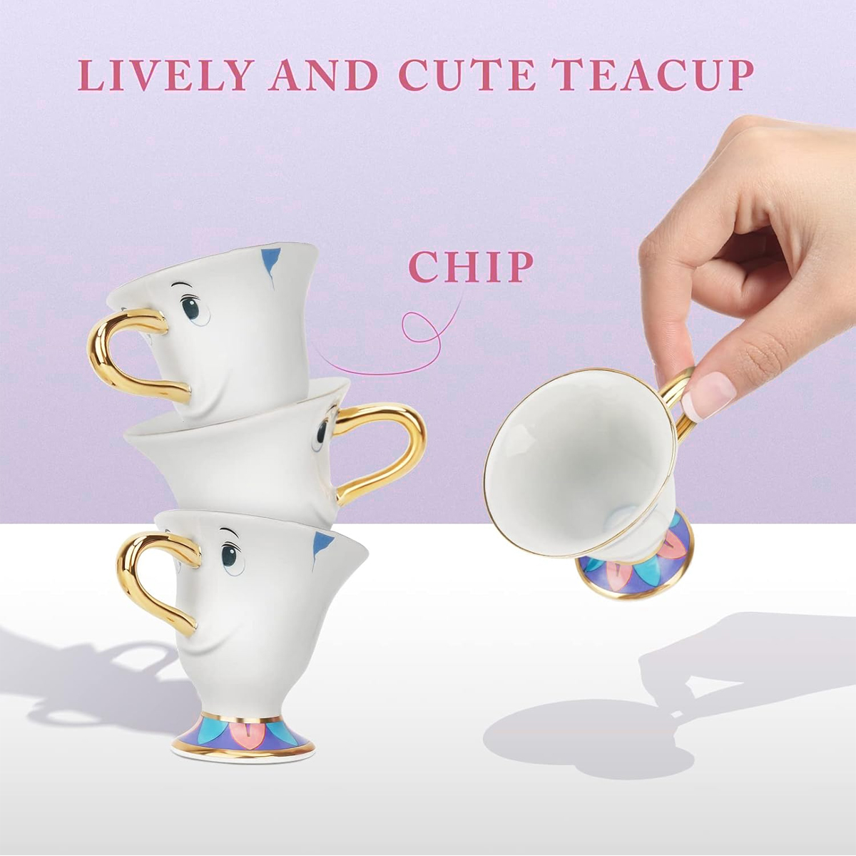 Weiß getürmte Teetassen, eine wird von einer Hand gehalten. Goldene Griffe und bunte Basen. Text: 'Lebendige und niedliche Teetasse' und 'Chip'.