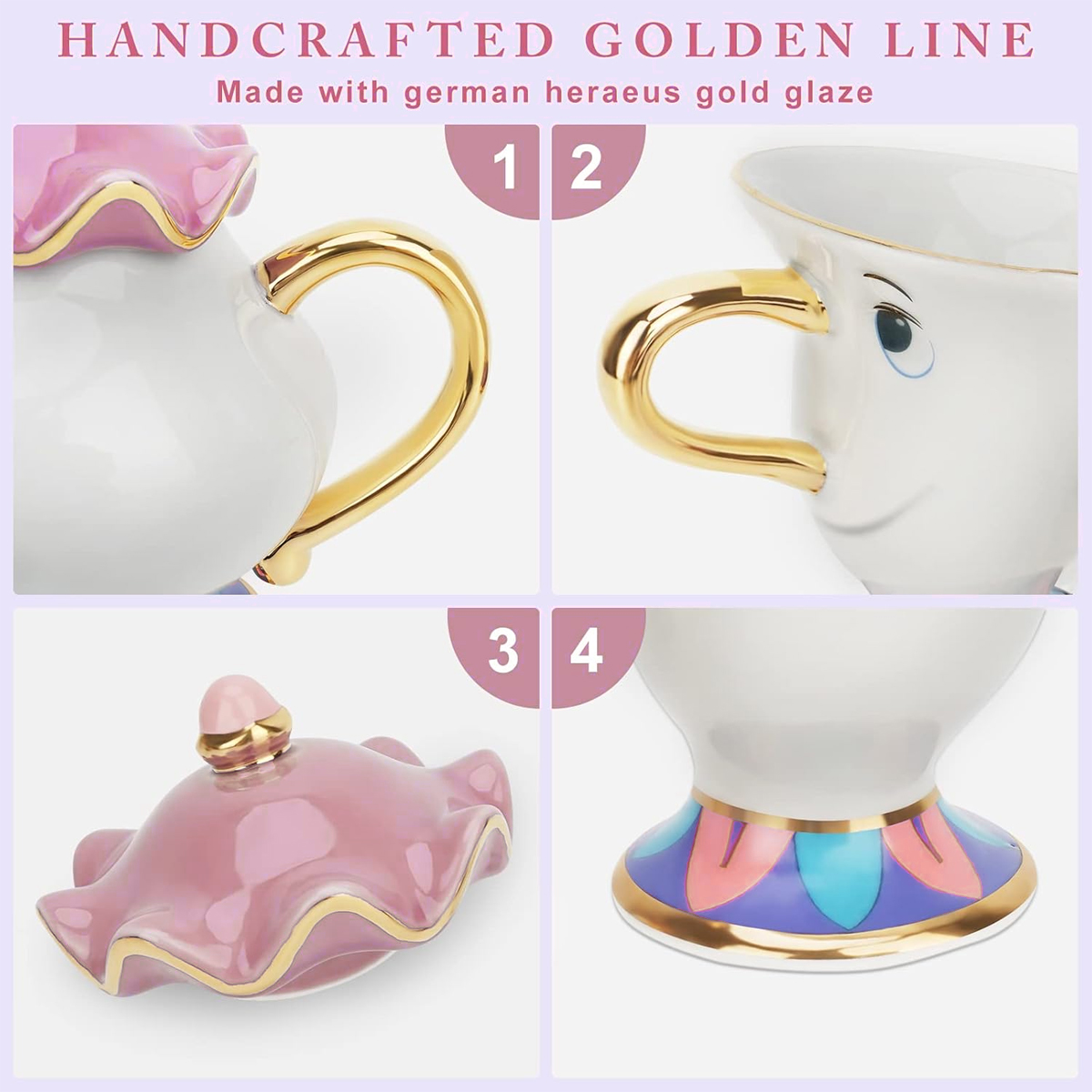 Vier Nahaufnahmen einer weißen Teetasse mit goldenem Griff und Akzenten. Einer ist ein Deckel, ein anderer die Basis, alle mit Rosa und Blau.