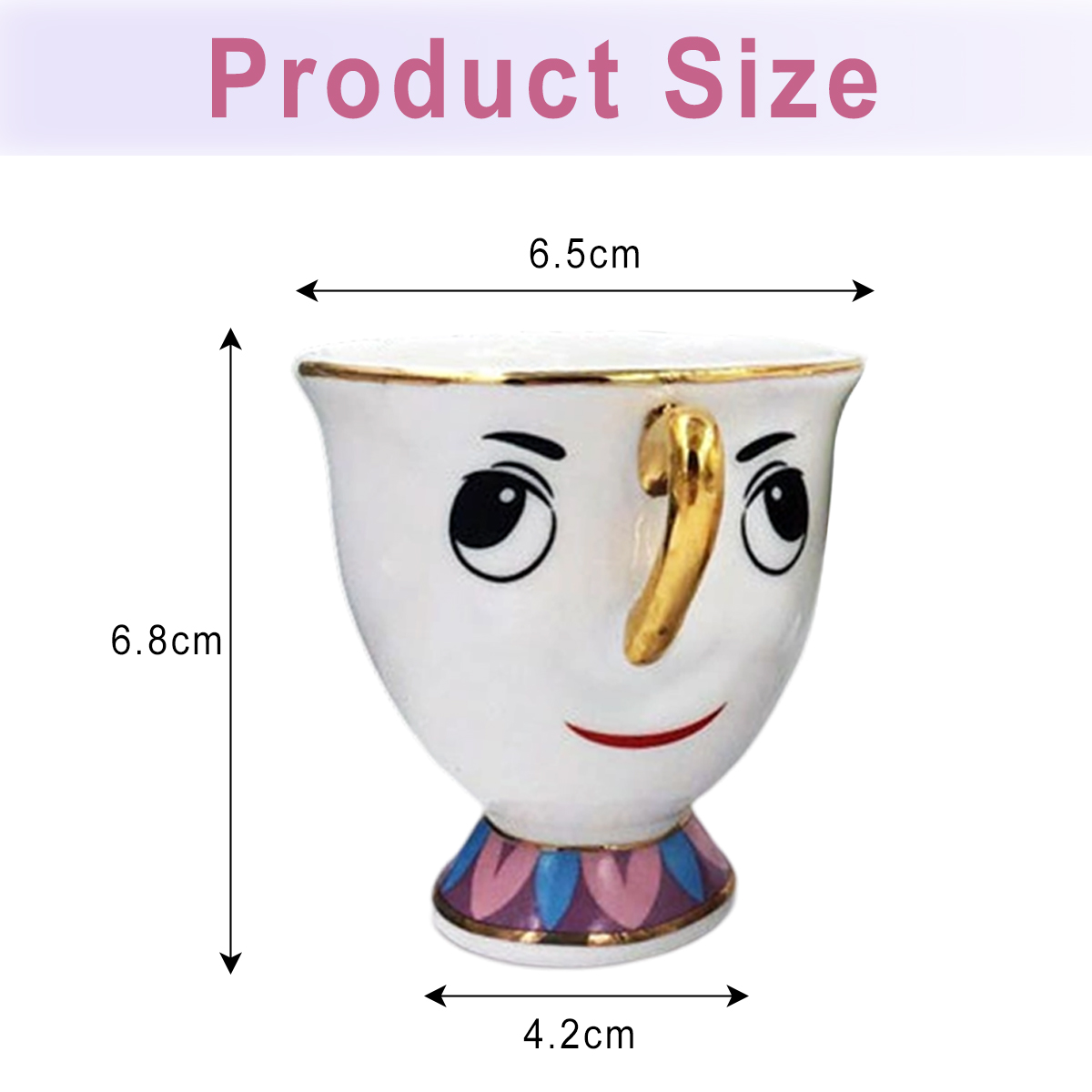 Eine weiße Teetasse mit Gesicht, goldenem Griff und Rand, rosa und blauem Boden und den Worten 'Produktgröße' darüber.