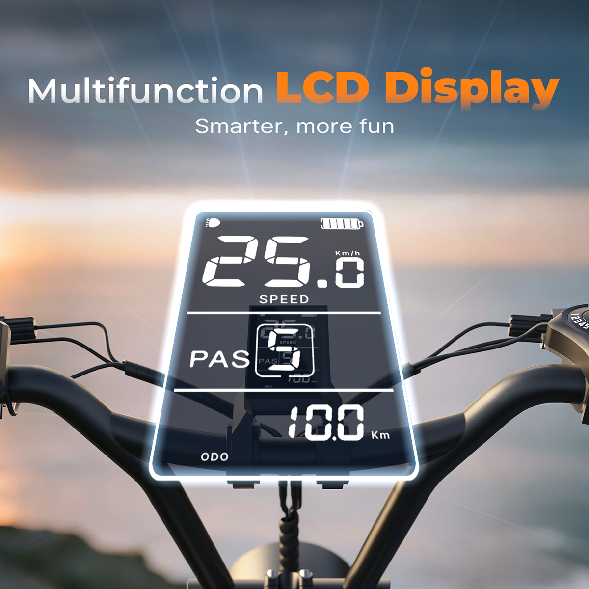 Wyświetlacz LCD roweru elektrycznego pokazuje prędkość (25,0 km/h), poziom PAS (5) i ODO (10,0 km). Widoczne są czarne kierownice.