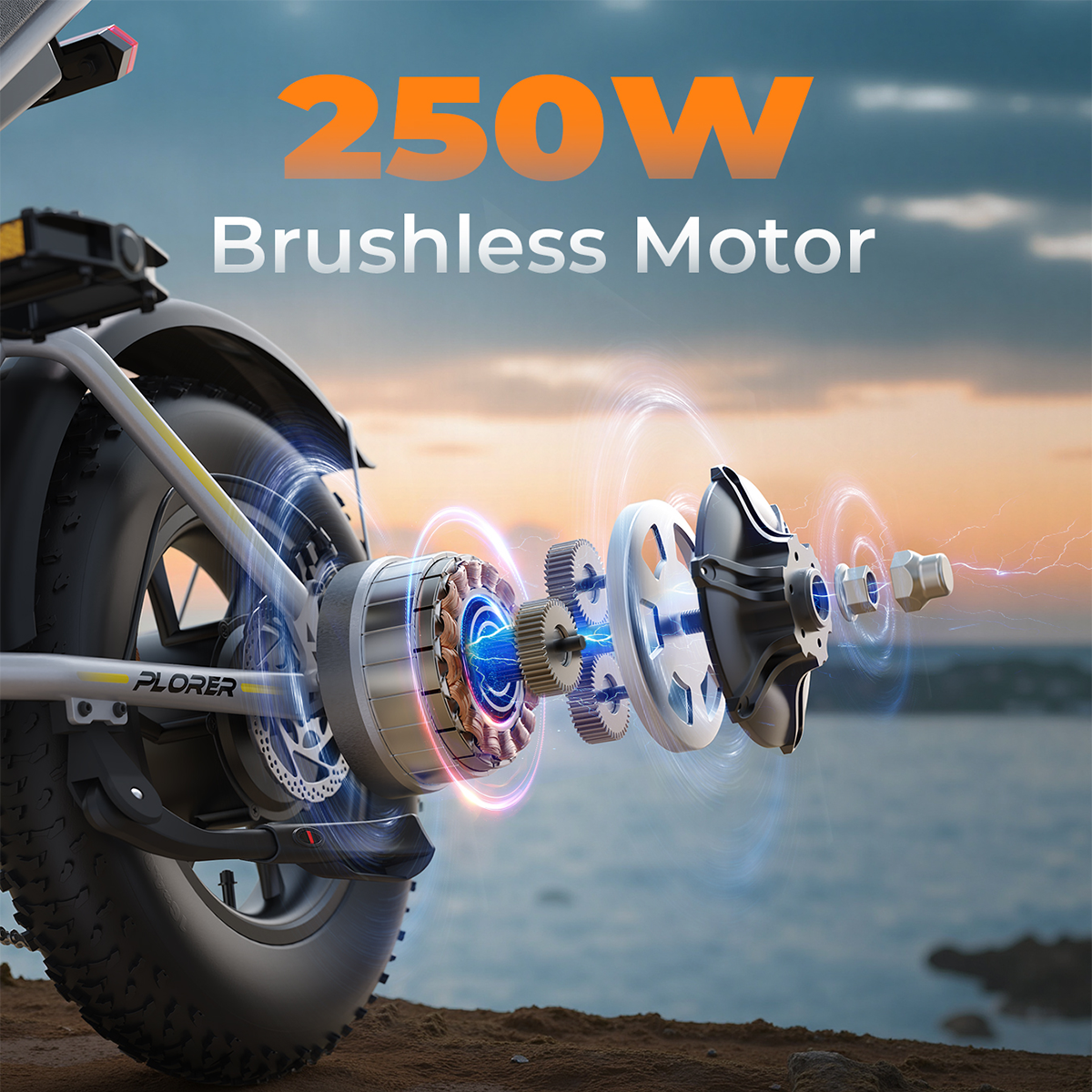 Eksplodowany widok silnika roweru elektrycznego. Obraz wyróżnia silnik bezszczotkowy 250W, z niebieskimi i pomarańczowymi akcentami, na tle zachodu słońca.