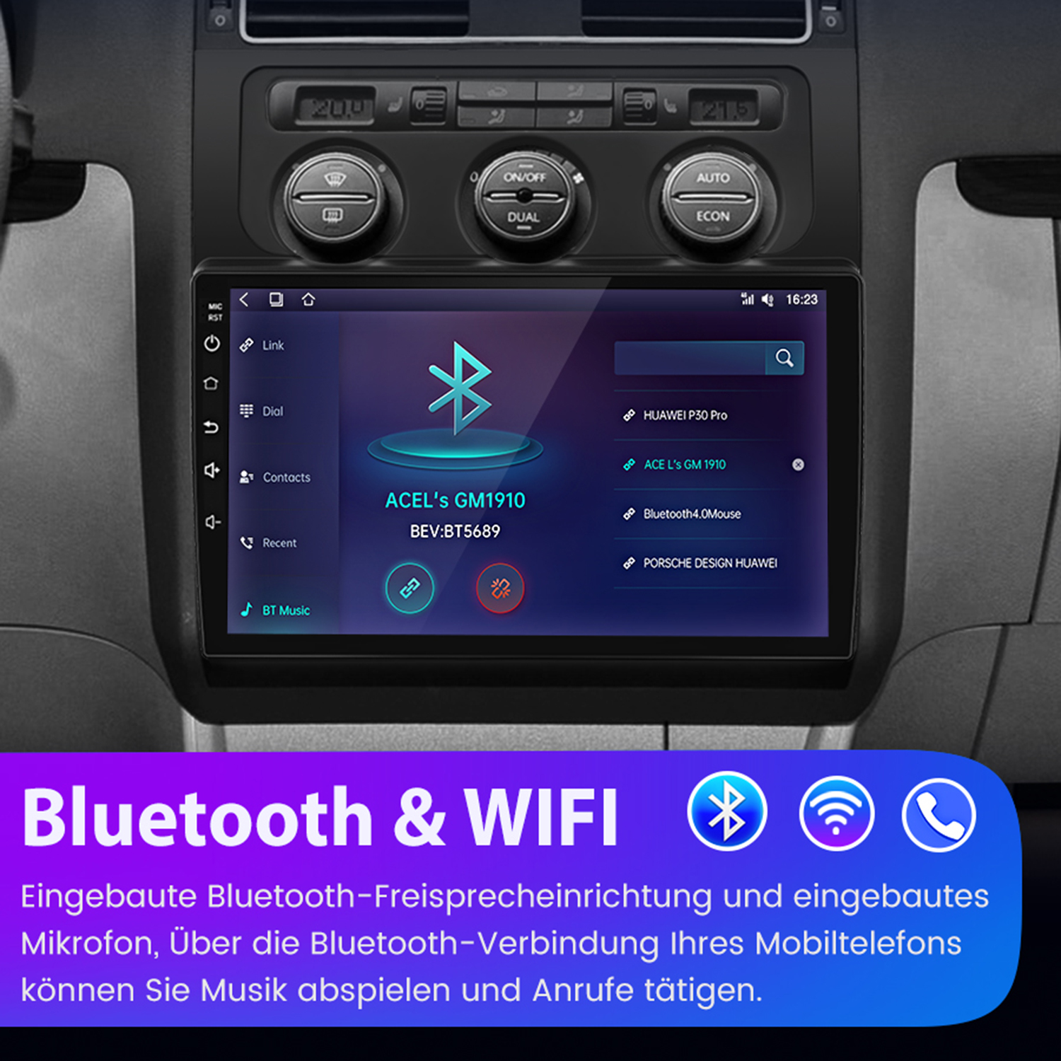 Aut Armaturenbrett mit Touchscreen, der Bluetooth-Einstellungen zeigt. Text unten: Bluetooth & WIFI.