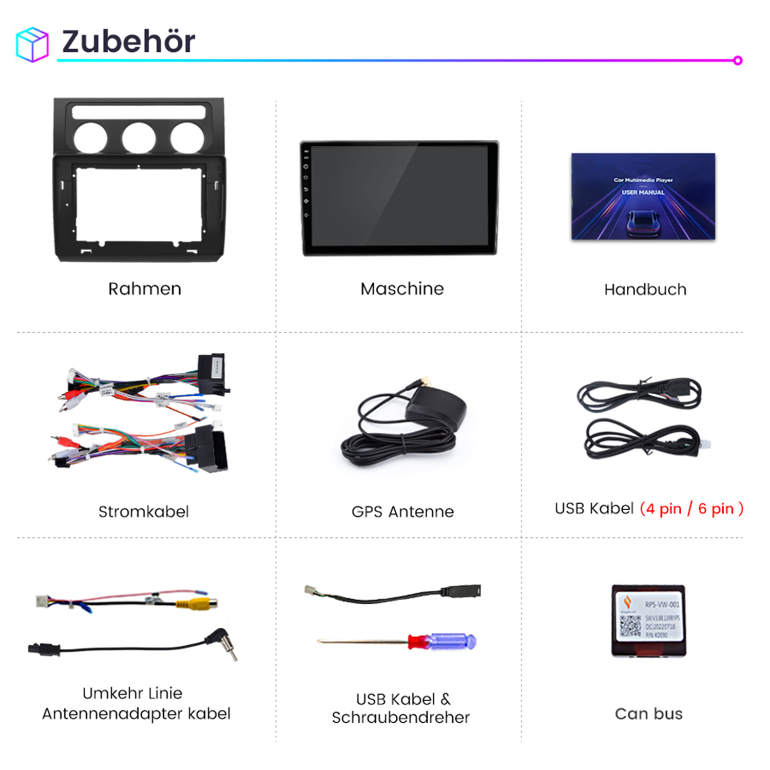 Das Bild zeigt Zubehör für Car-Multimedia-Player: Rahmen, Bildschirm, Handbuch, Kabel, Antenne, USB-Kabel, Adapter, Schraubendreher und Can-Bus.