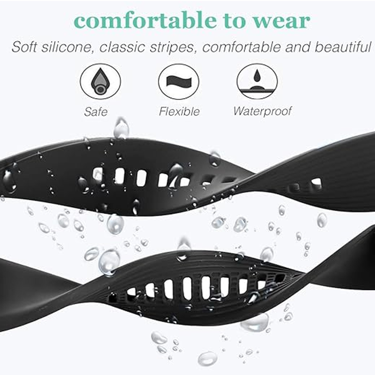 Zwei schwarze Uhrenarmbänder mit Löchern, Wassertropfen und Text, der Sicherheit, Flexibilität und Wasserdichtigkeit anzeigt.