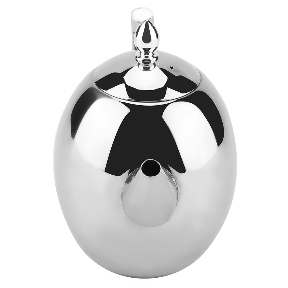 Eine glänzende silberne Teekanne mit rundem Körper, Ausguss und Deckel mit dekorativem Griff. Die Teekanne spiegelt ihre Umgebung wider.