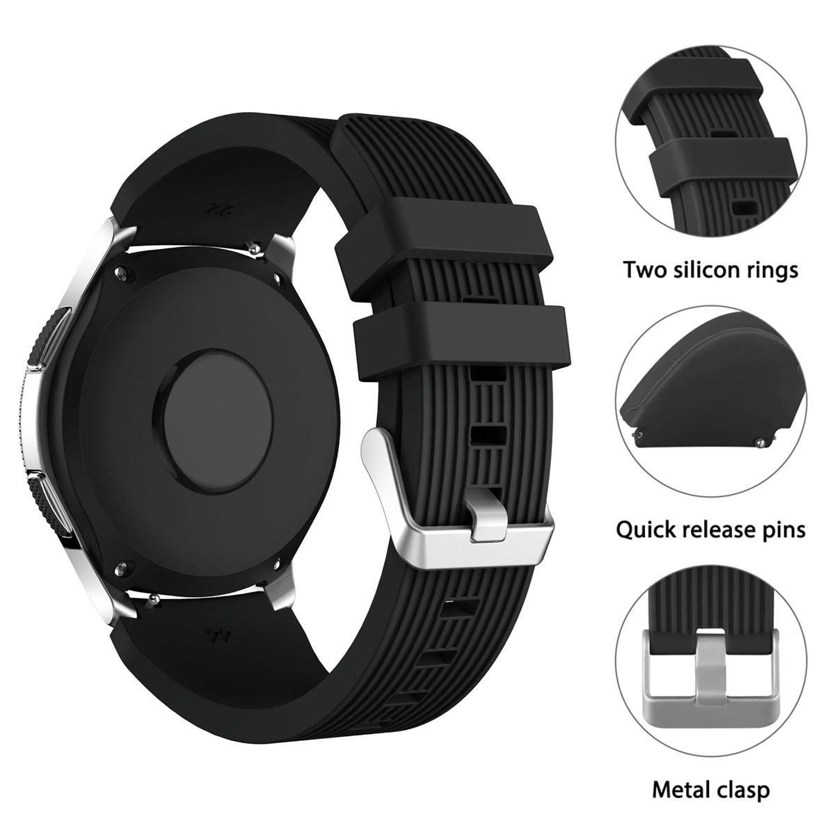 Schwarze Smartwatch mit geripptem Silikonband, Metallverschluss und zwei Silikonringen. Details sind Schnellspannstifte.