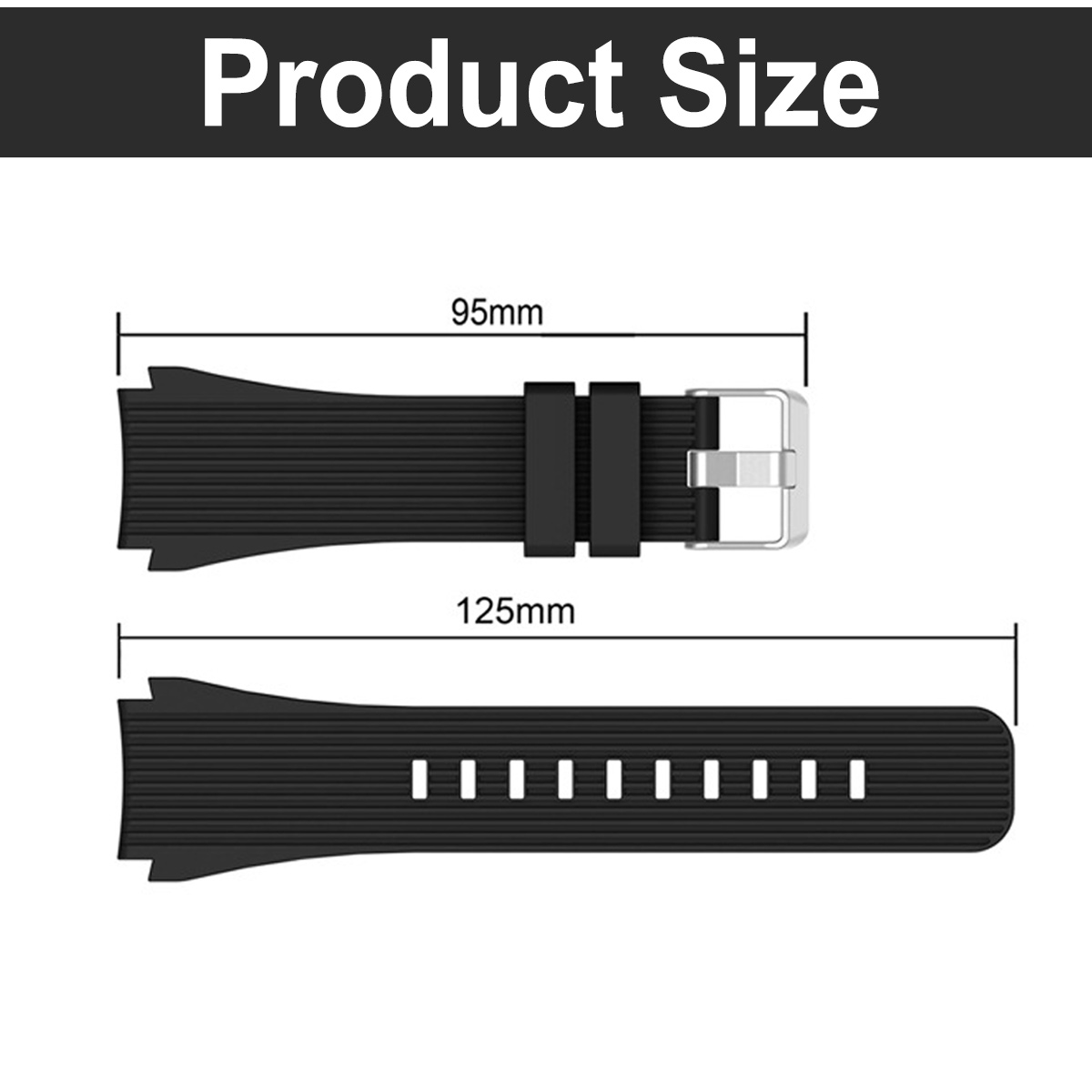 Das Bild zeigt ein schwarzes Uhrenarmband mit Größenangaben: 95 mm und 125 mm. Das Armband hat eine Schnalle und Löcher.
