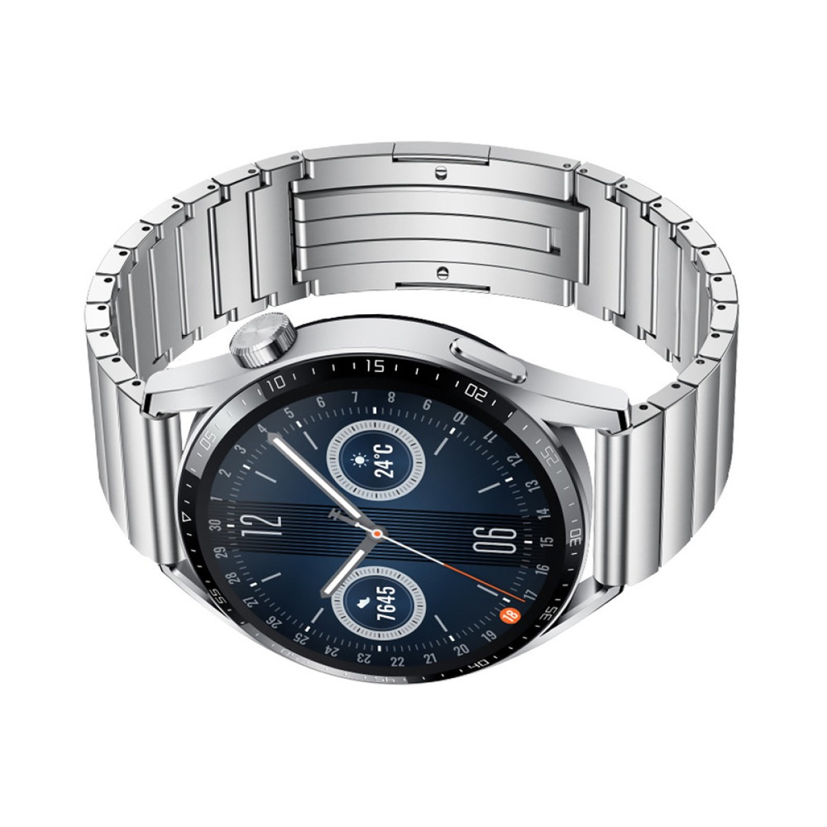 Eine silberne Smartwatch mit dunkelblauem Zifferblatt, das Uhrzeit und Wetterinformationen anzeigt, mit Metallarmband.