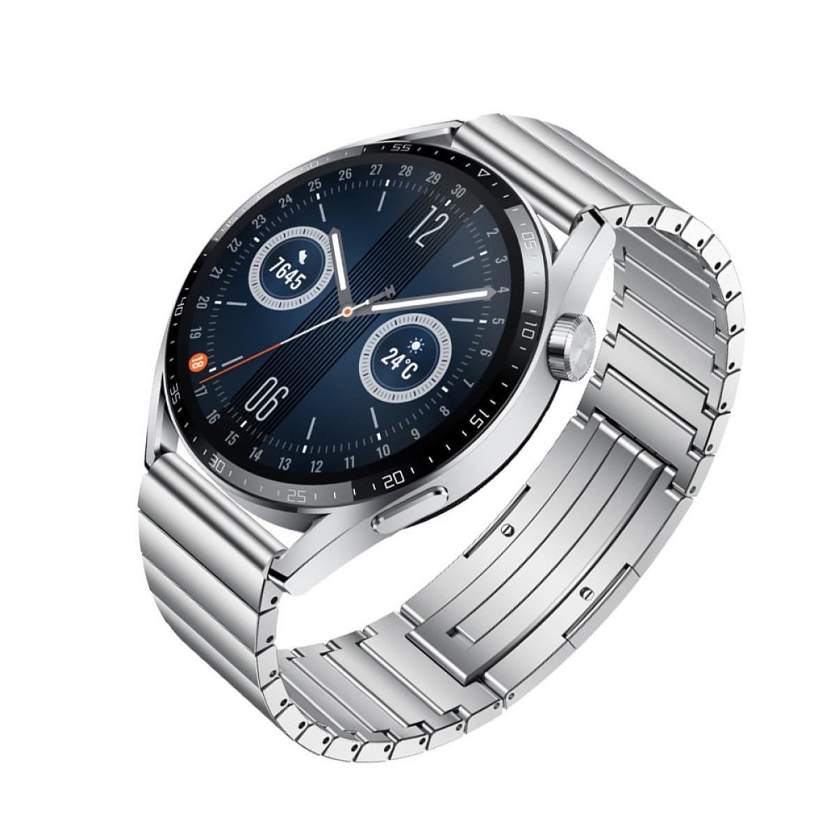 Eine silberne Smartwatch mit dunkelblauem Zifferblatt, das Zeit, Schritte und Temperatur anzeigt. Die Uhr hat ein Metallband und befindet sich auf weißem Hintergrund.