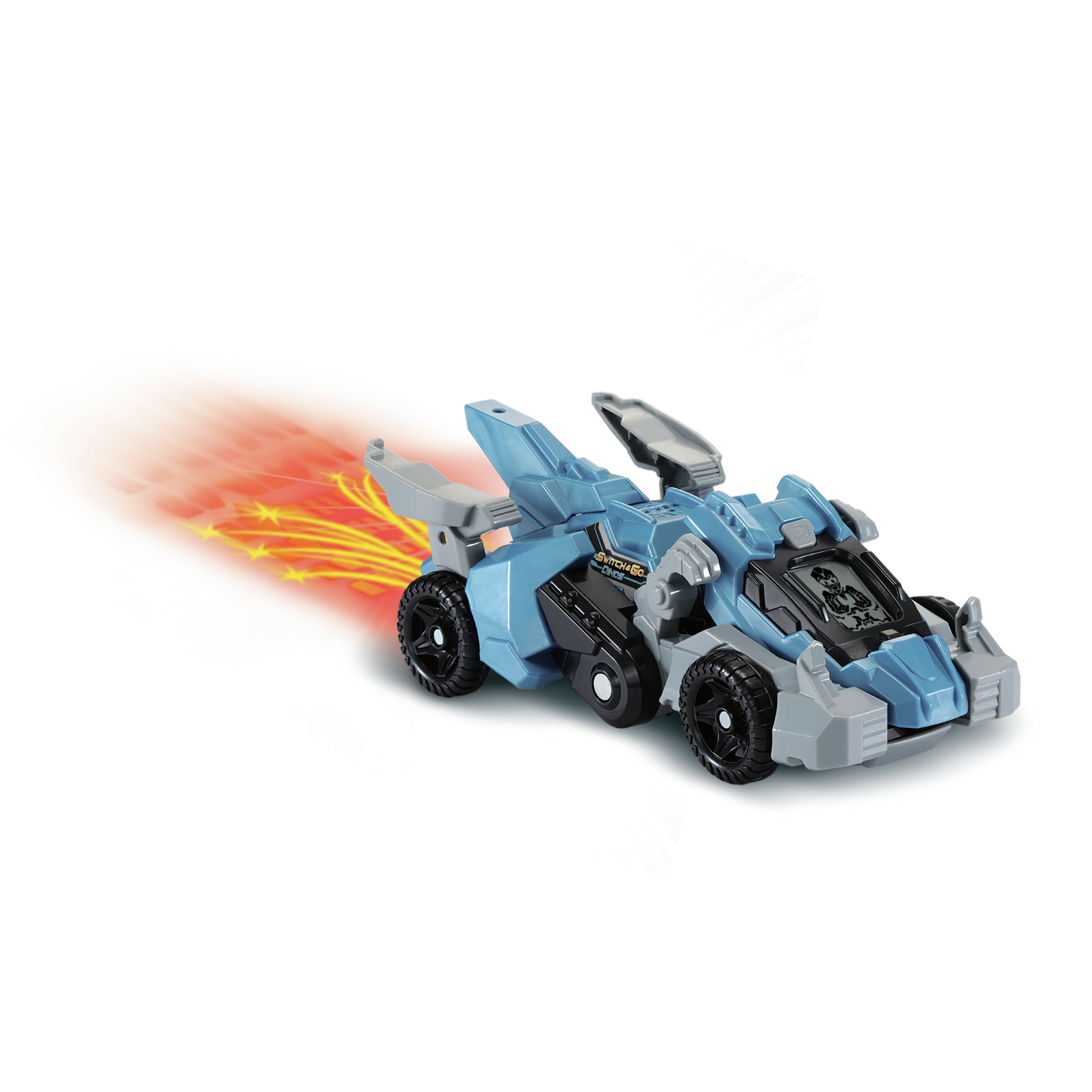 Blau-graues Spielzeugauto mit schwarzen Rädern, Bewegungseffekt. Weißer Hintergrund.