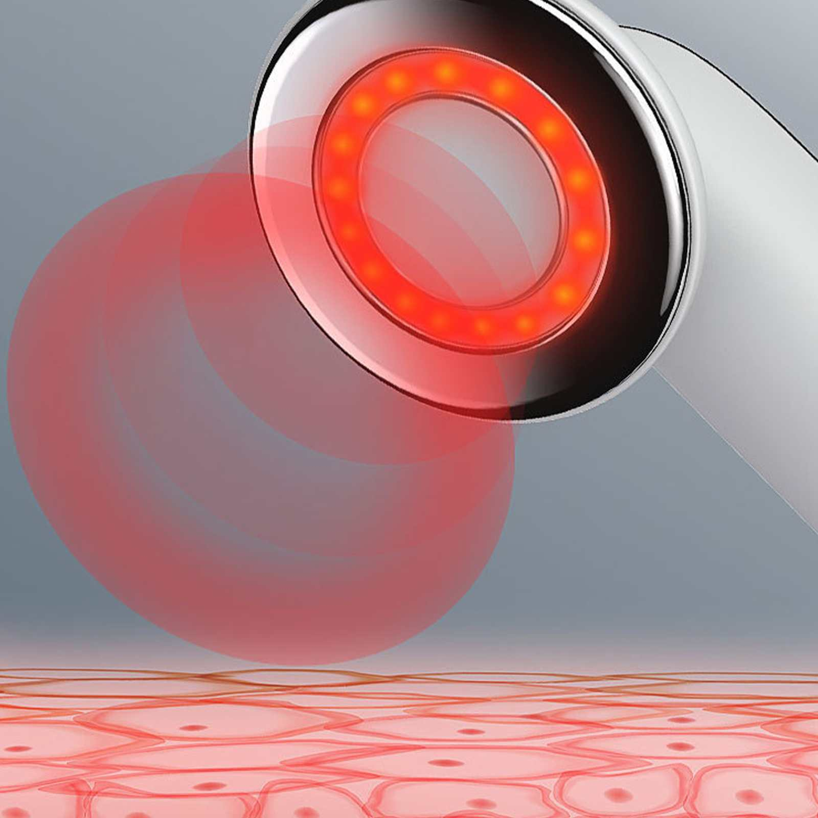 Gerät mit rotem Licht emittierendem Ring über Hautschichten. Roter Lichteffekt vorhanden.
