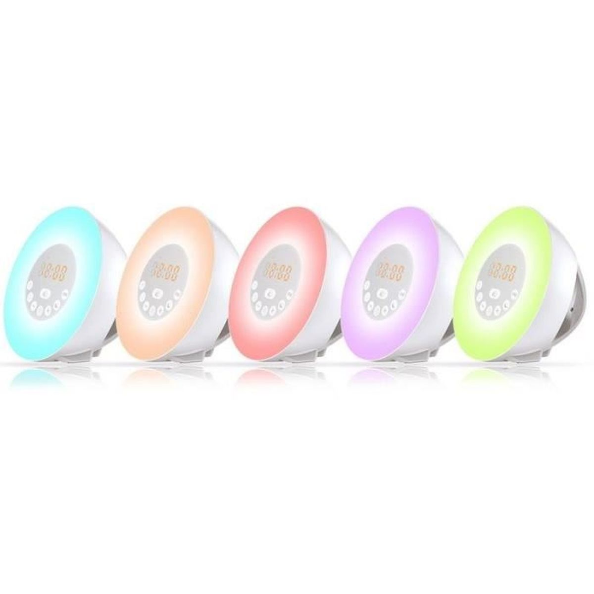 Cinque sveglie bianche con luci colorate (blu, arancione, rosso, viola e verde) sono disposte in fila, ognuna mostra l'ora.