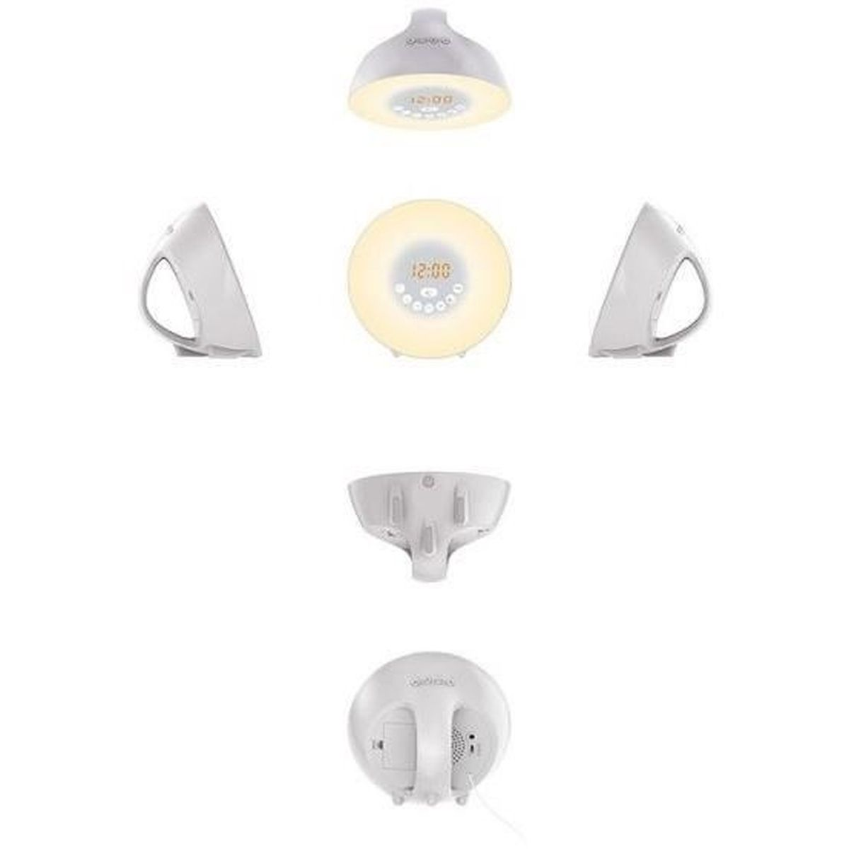 Parti bianche di una sveglia luminosa. In alto: testa della lampada. Centro: luce con display e supporti laterali. In basso: base e retro.