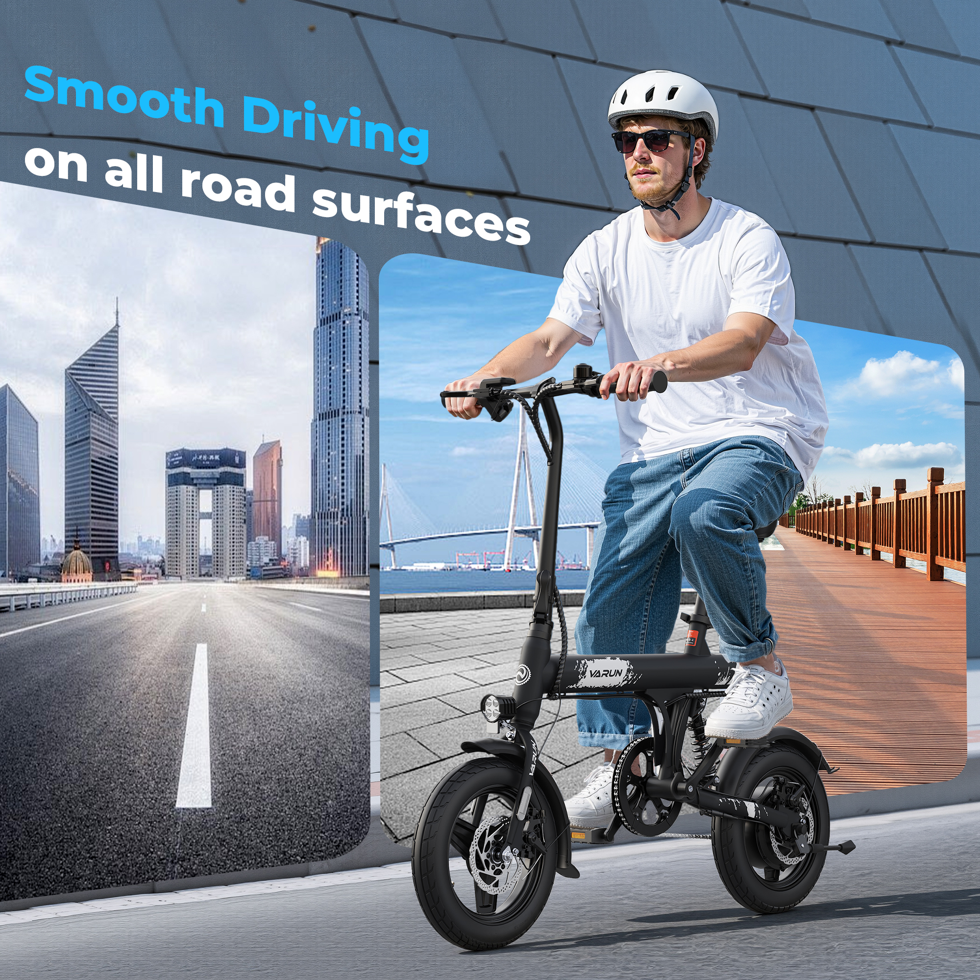 Mężczyzna jedzie na hulajnodze elektrycznej po drodze. Wieżowce w tle, most i niebo po prawej.